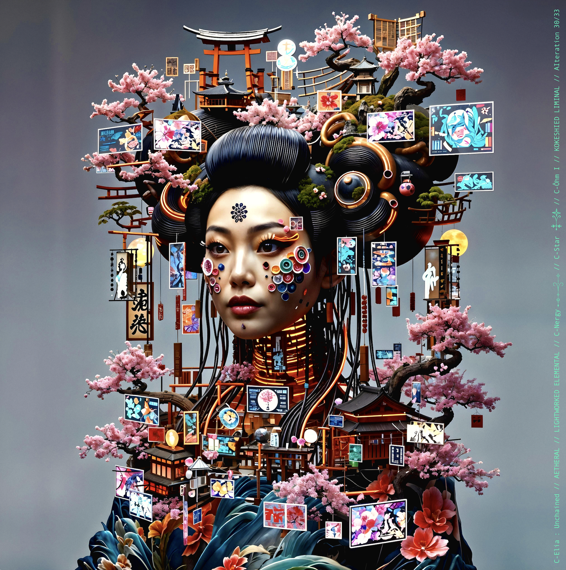 Surreal haute meta couture NFT silhouette from C-Elia: Unchained, Kokeshied Liminal, a fusion of Kyoto serenity and Shibuya light embodied in a living digital shrine.