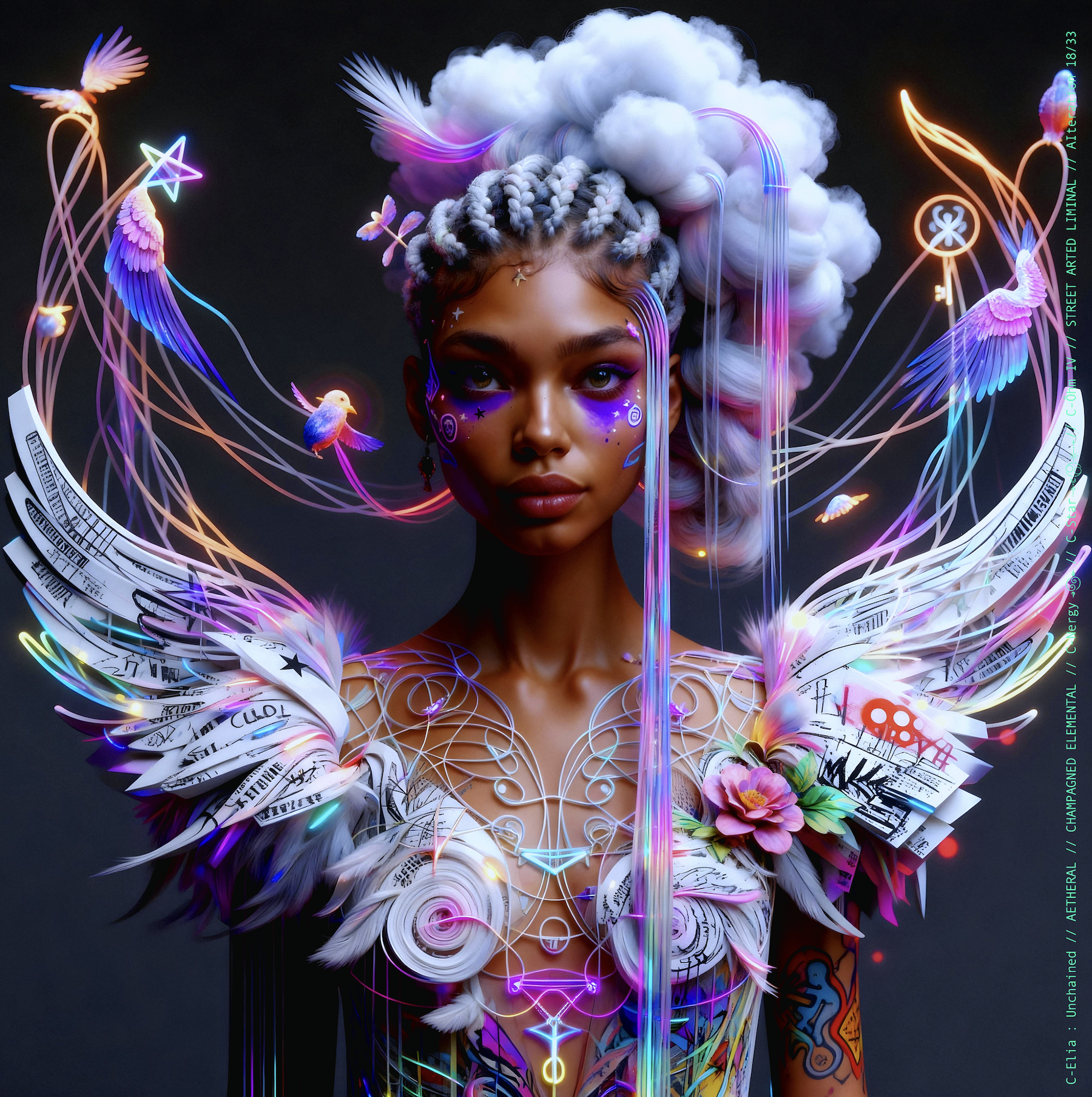 Surreal haute meta couture NFT silhouette from C Elia Unchained, Streetarted Liminal collection, merging liquid graffiti textures, neon mist, chromatic drips and atmospheric street-paint couture.