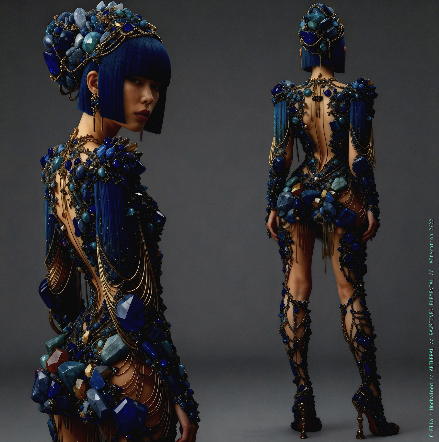 Surreal haute meta couture NFT silhouette from C Elia Unchained, Rawstoned Elemental collection, merging precious-stone hairstyles, raw mineral strata, lapis lazuli fractures and the tectonic elegance of avant garde couture.
