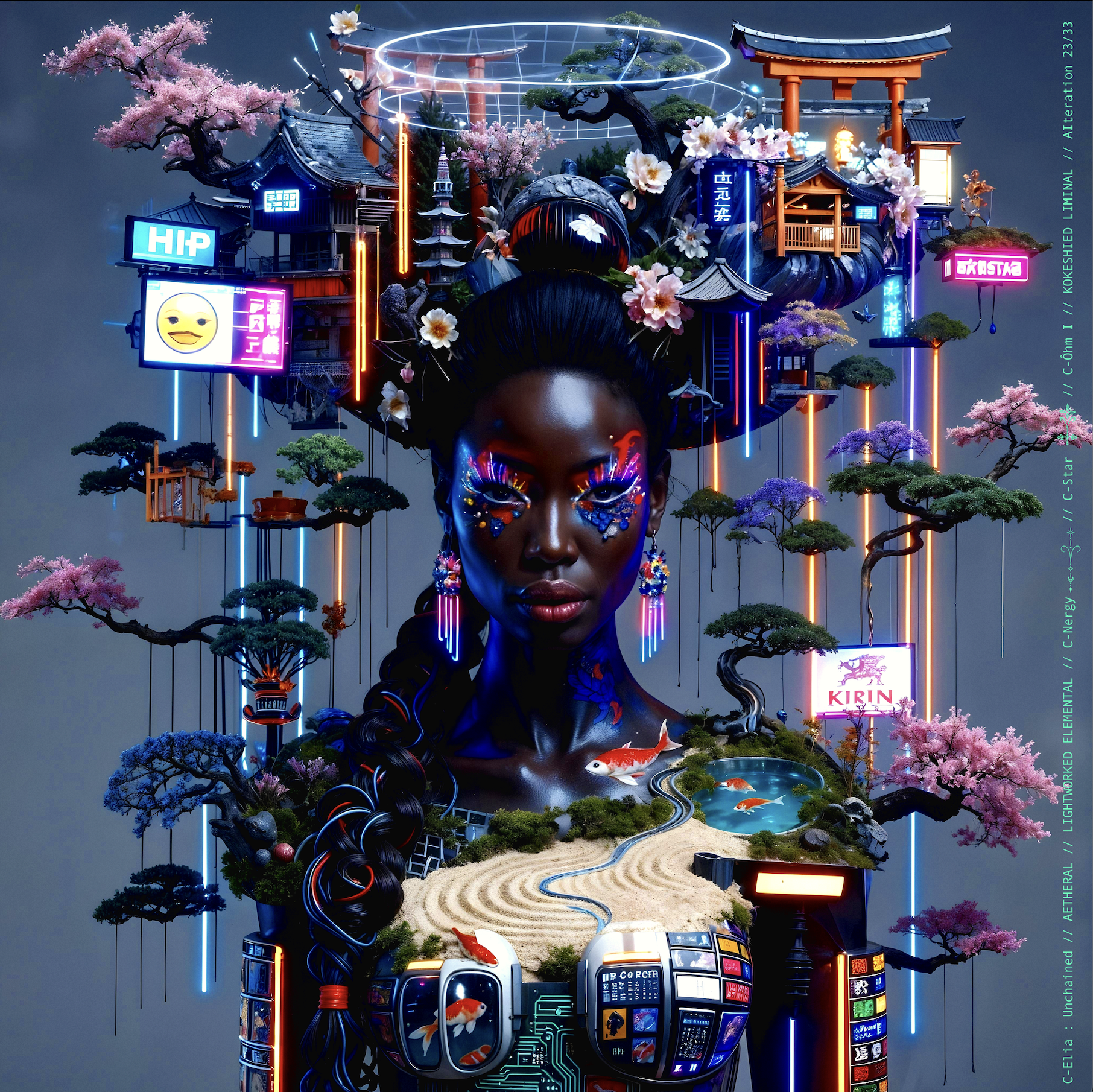 Surreal haute meta couture NFT silhouette from C-Elia: Unchained, Kokeshied Liminal, a fusion of Kyoto serenity and Shibuya light embodied in a living digital shrine.