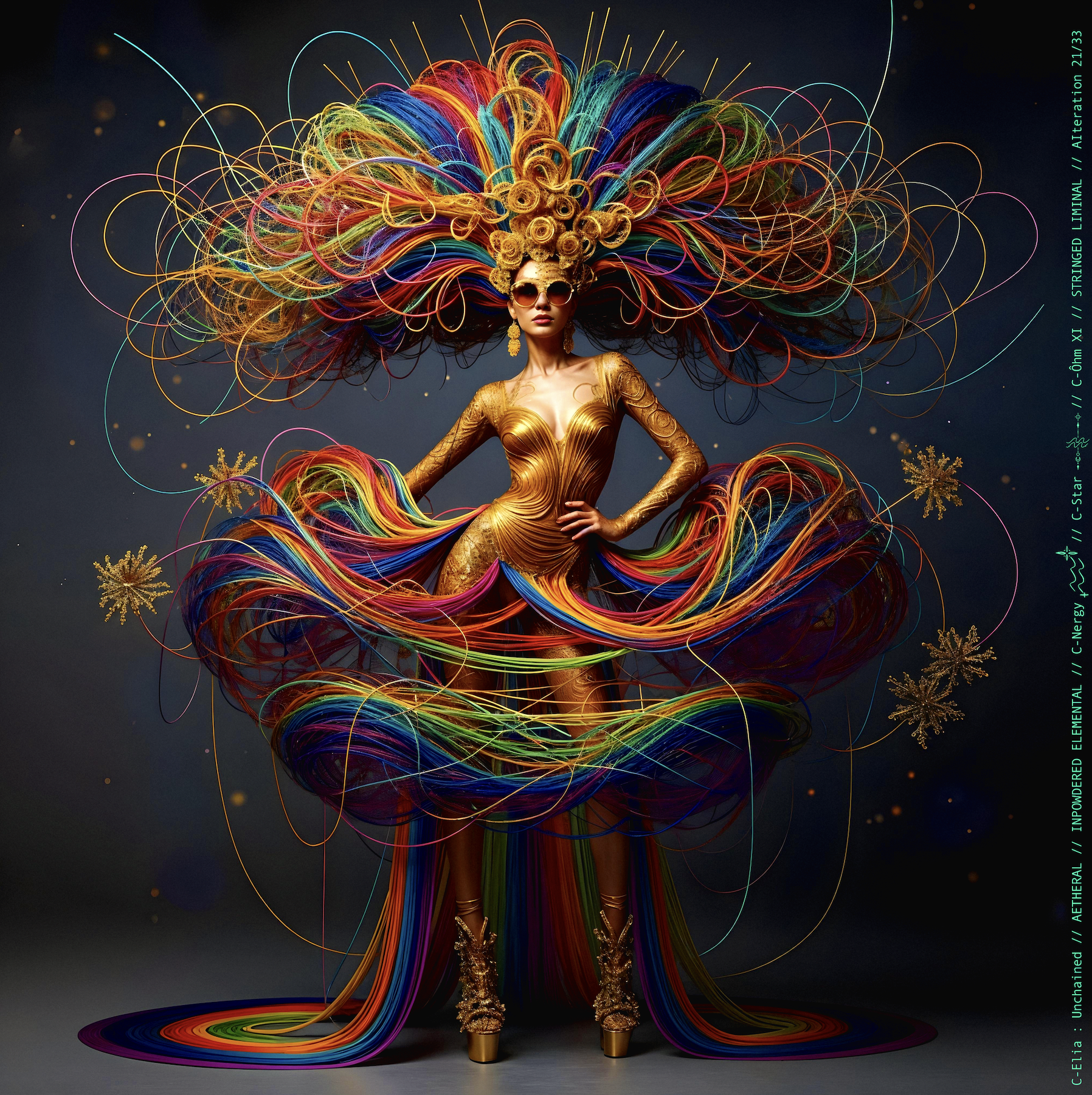 Surreal haute meta  couture NFT silhouette from C-Elia: Unchained, Stringed Liminal collection. A living sculpture made entirely of golden and colored strings, merging art, vibration and geometry into a resonant couture form.