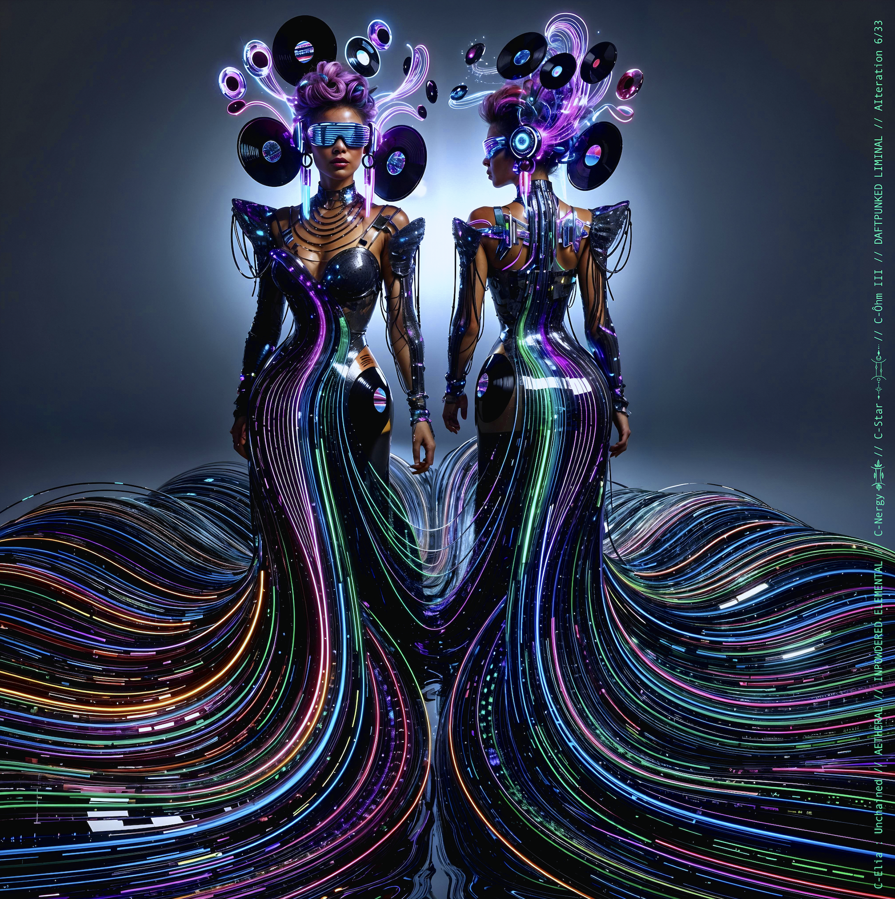 Surreal haute meta couture NFT silhouette from C Elia Unchained, Daftpunked Liminal collection, inspired by electronic neon aesthetics and the luminous frequencies of Daft Punk Alive 2008, merging holographic vinyl, glitch light and couture architecture.

