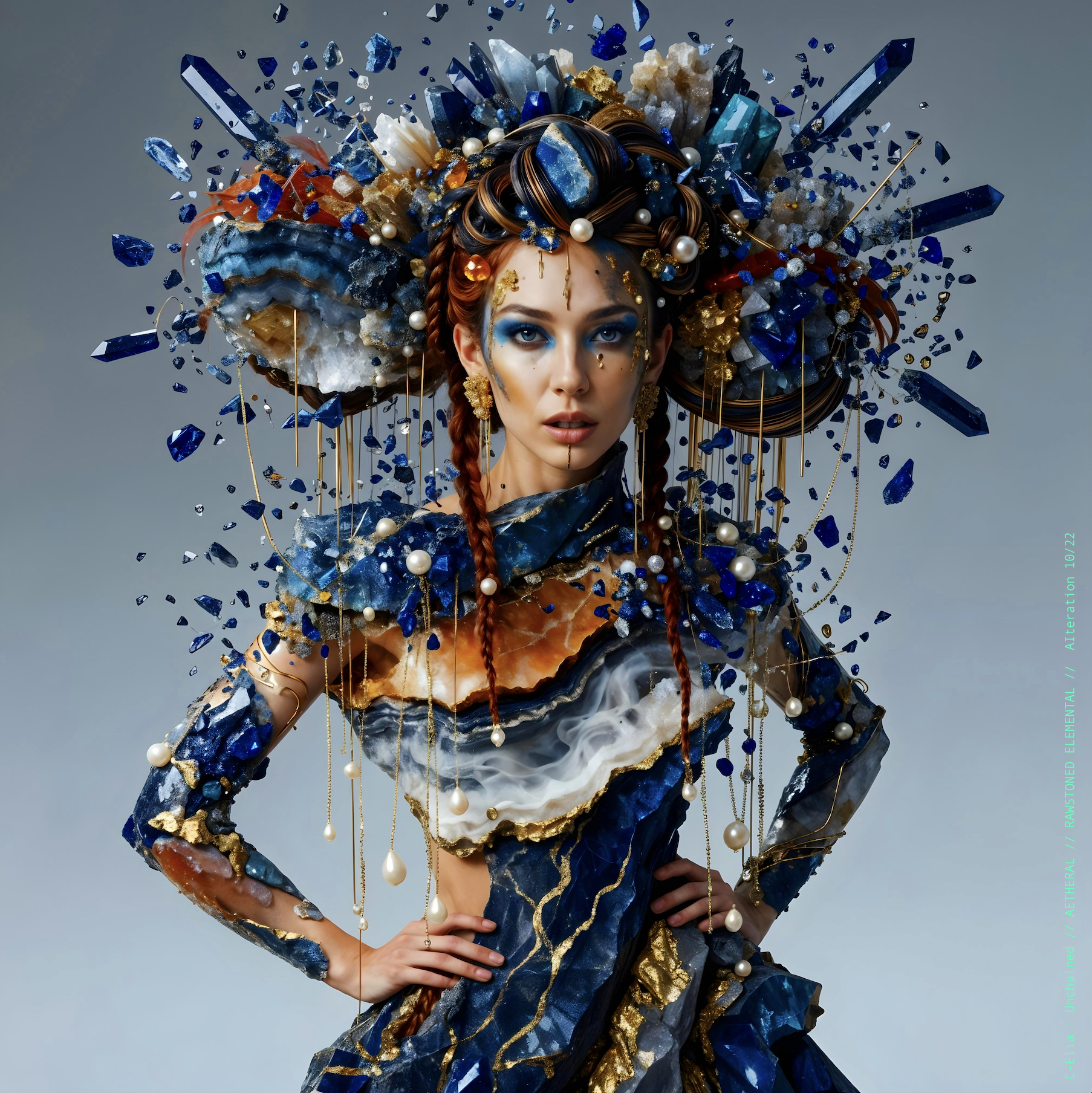 Surreal haute meta couture NFT silhouette from C Elia Unchained, Rawstoned Elemental collection, merging precious-stone hairstyles, raw mineral strata, lapis lazuli fractures and the tectonic elegance of avant garde couture.