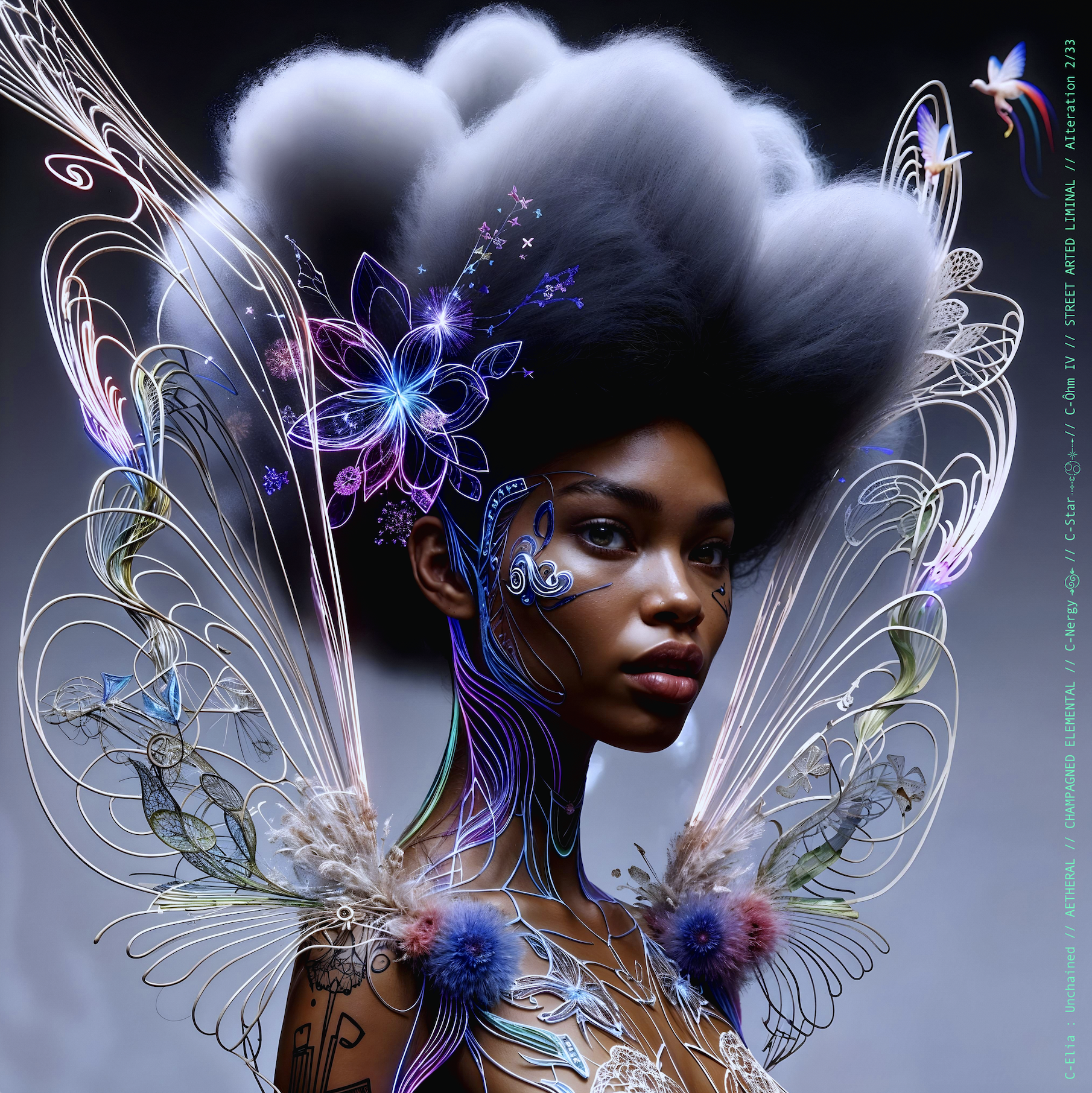 Surreal haute meta couture NFT silhouette from C Elia Unchained, Streetarted Liminal collection, merging liquid graffiti textures, neon mist, chromatic drips and atmospheric street-paint couture.