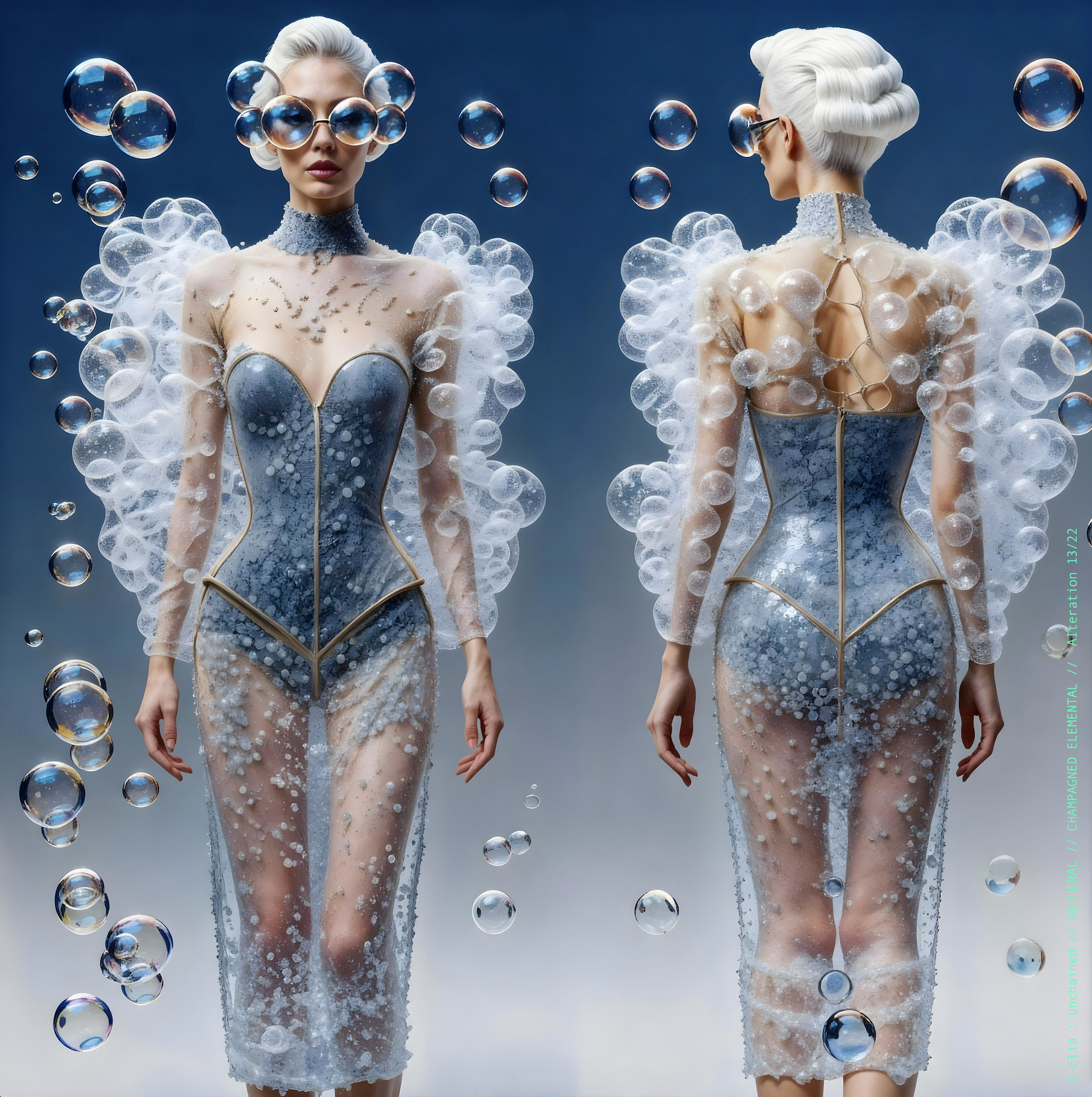 Surreal haute meta couture NFT silhouette from C Elia Unchained, Champagned Elemental collection, formed from transparent champagne bubbles, liquid cascades and retro futuristic white wave hair sculpted into effervescent couture.