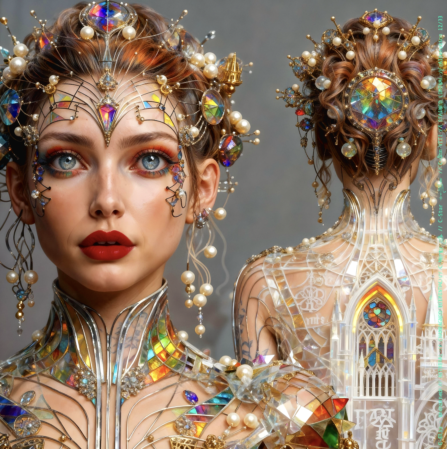 Surreal haute meta couture NFT silhouette from C-Elia: Unchained, Stained Liminal collection, inspired by cathedral stained glass and Mondrian geometry, merging sacred light, metallic reflections, and futuristic architecture into a living holographic couture sculpture.