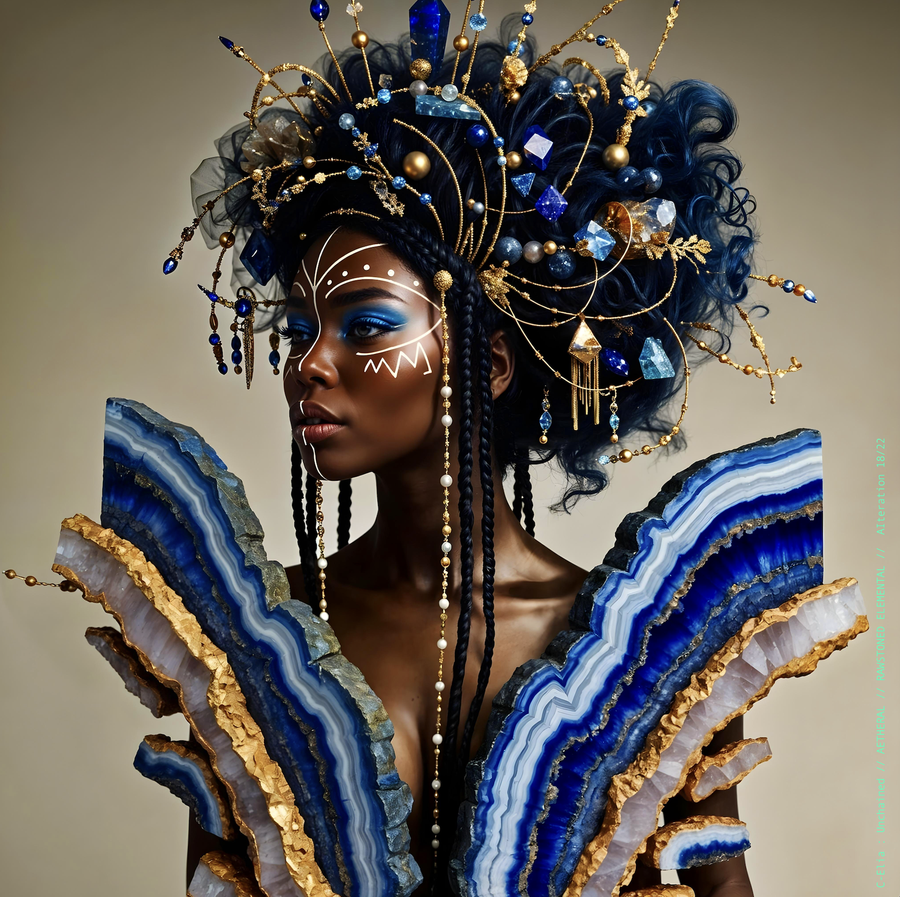 Surreal haute meta couture NFT silhouette from C Elia Unchained, Rawstoned Elemental collection, merging precious-stone hairstyles, raw mineral strata, lapis lazuli fractures and the tectonic elegance of avant garde couture.