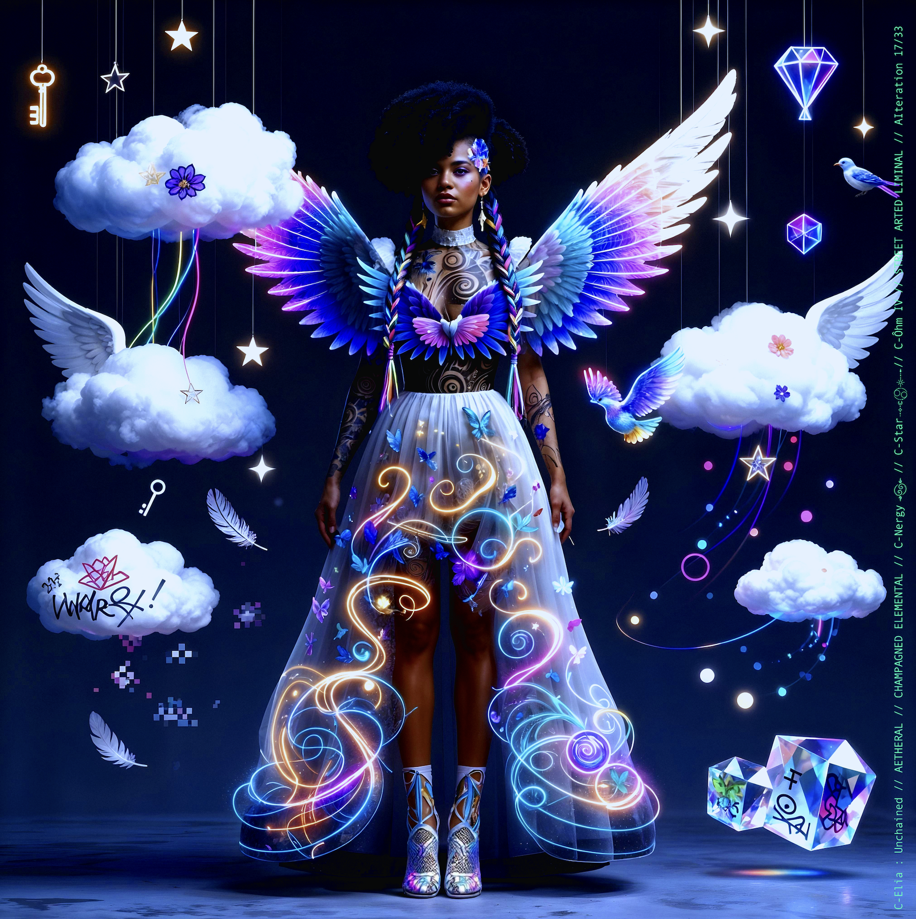 Surreal haute meta couture NFT silhouette from C Elia Unchained, Streetarted Liminal collection, merging liquid graffiti textures, neon mist, chromatic drips and atmospheric street-paint couture.