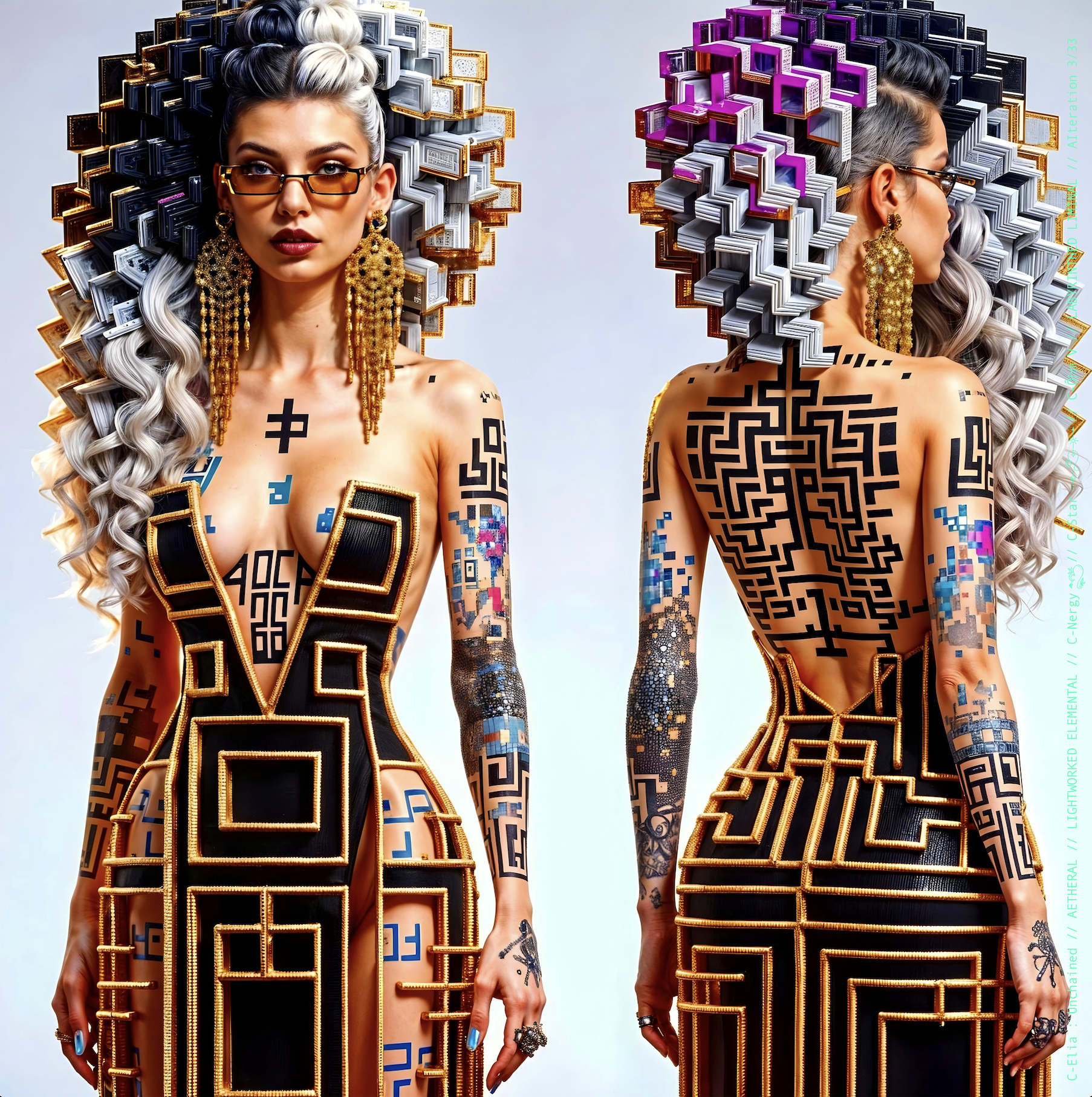 Surreal haute meta couture NFT silhouette from C Elia Unchained, Labyrinthed Liminal collection, inspired by mirrored labyrinth geometry and the chromatic echo of Blue Boy’s “Remember Me,” merging pixel tattoos, gold voxel structures and reflective couture architecture.