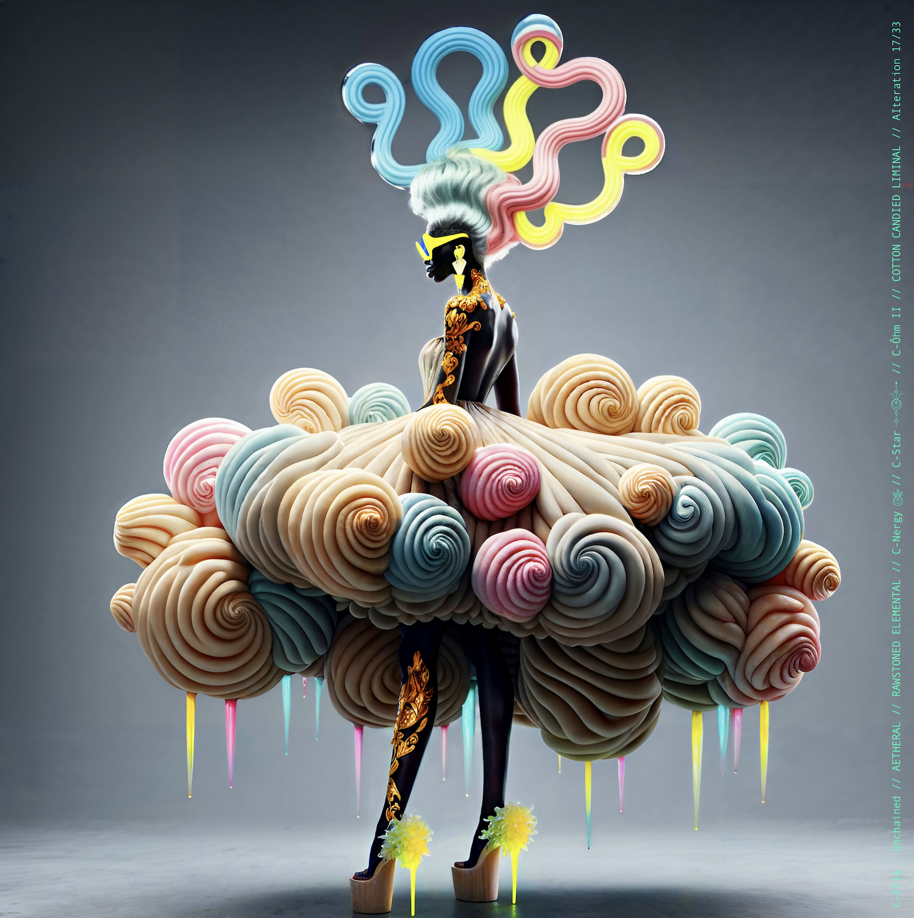 Surreal haute meta couture NFT silhouette from C Elia: Unchained, Cotton Candied Liminal collection, inspired by pastel cotton candy clouds and Khmer gold tattoos, merging sweetness, rebellion and couture into a living vaporous sculpture.