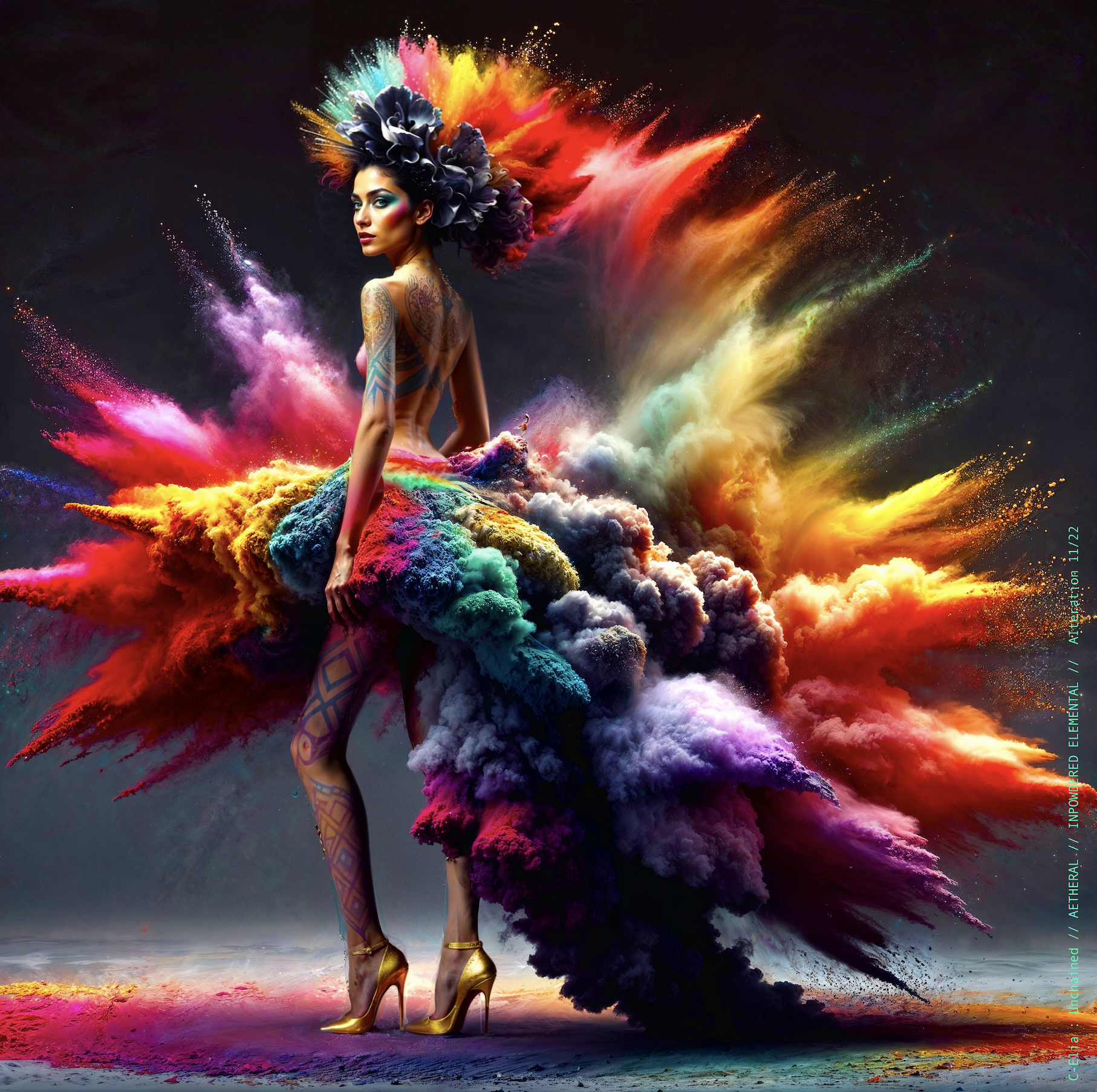 Surreal haute meta couture NFT silhouette from C Elia Unchained, Impowdered Elemental collection, formed from airborne rainbow powders, vaporous chromatic clouds and wind-sculpted avant garde couture.