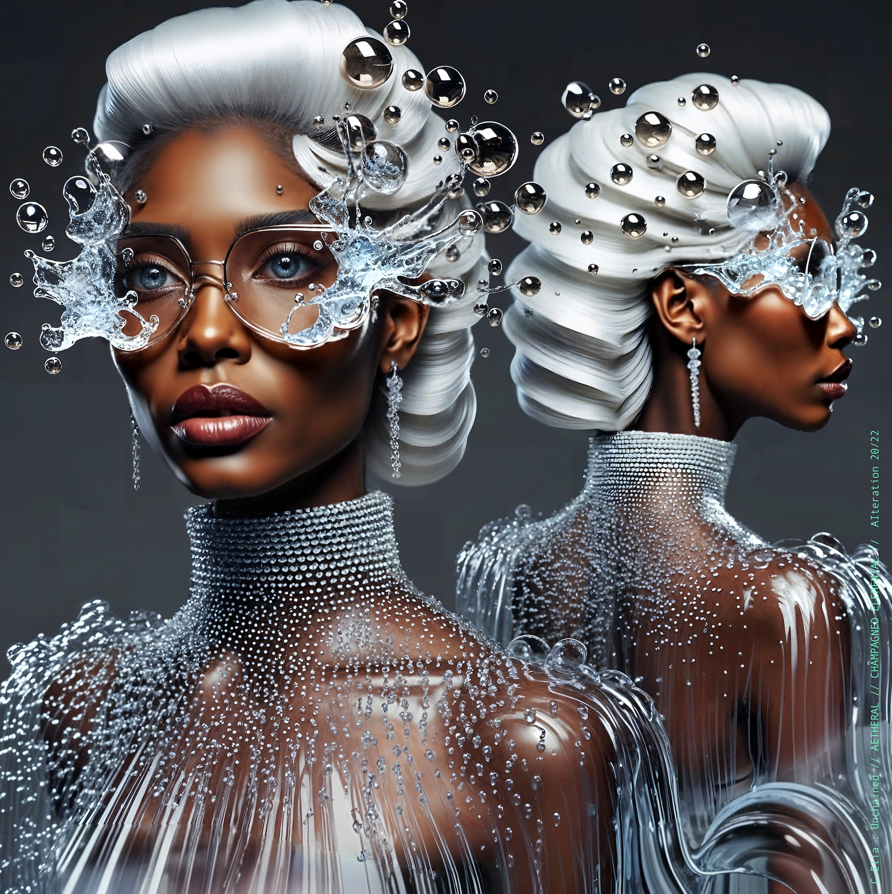 Surreal haute meta couture NFT silhouette from C Elia Unchained, Champagned Elemental collection, formed from transparent champagne bubbles, liquid cascades and retro futuristic white wave hair sculpted into effervescent couture.