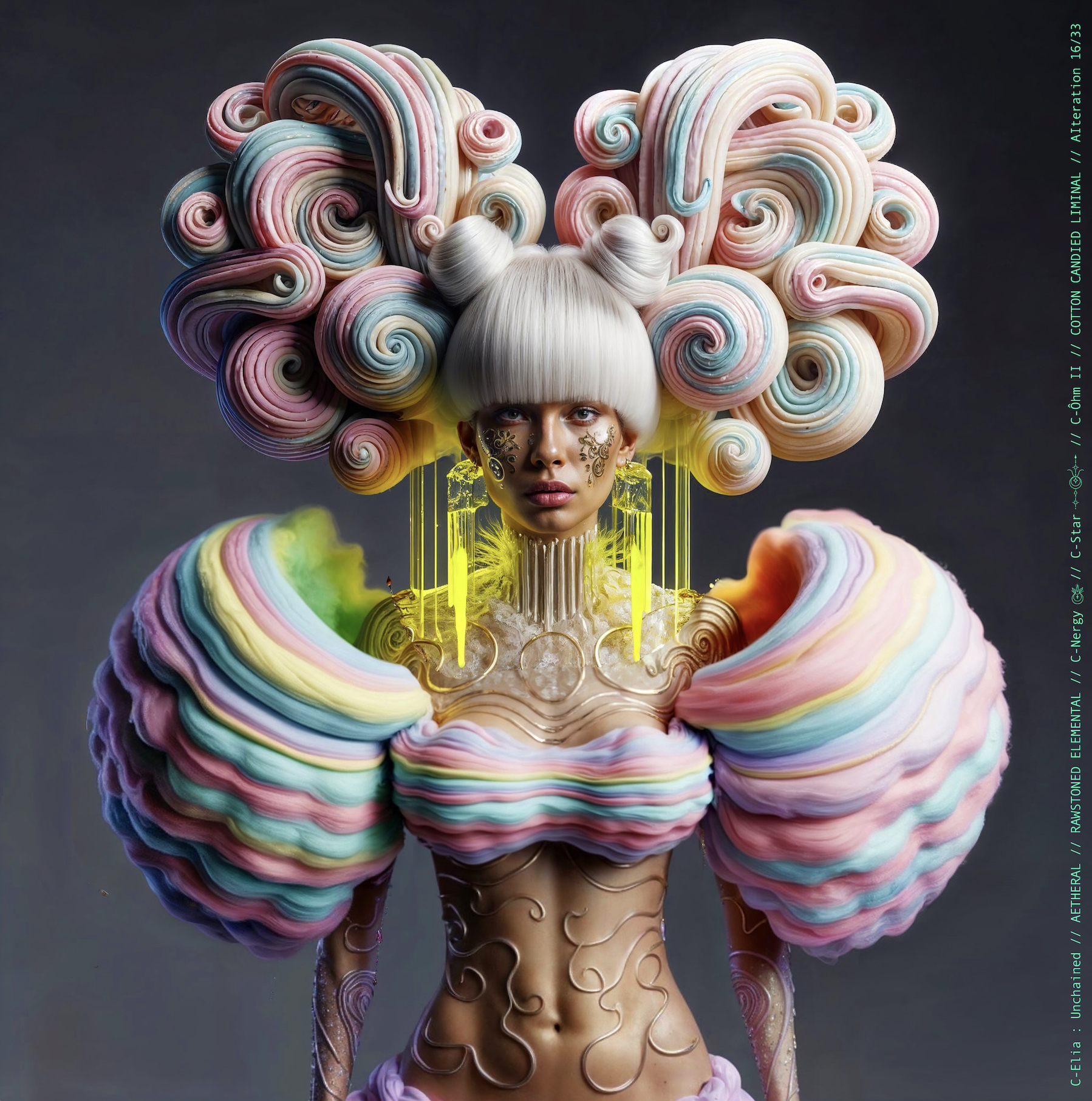 Surreal haute meta couture NFT silhouette from C Elia: Unchained, Cotton Candied Liminal collection, inspired by pastel cotton candy clouds and Khmer gold tattoos, merging sweetness, rebellion and couture into a living vaporous sculpture.