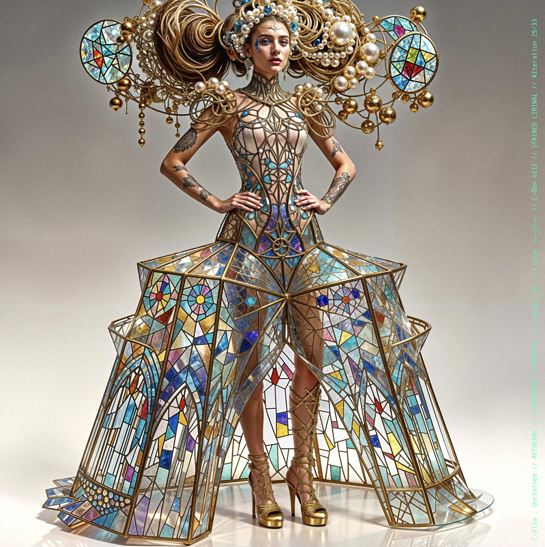 Surreal haute meta couture NFT silhouette from C-Elia: Unchained, Stained Liminal collection, inspired by cathedral stained glass and Mondrian geometry, merging sacred light, metallic reflections, and futuristic architecture into a living holographic couture sculpture.