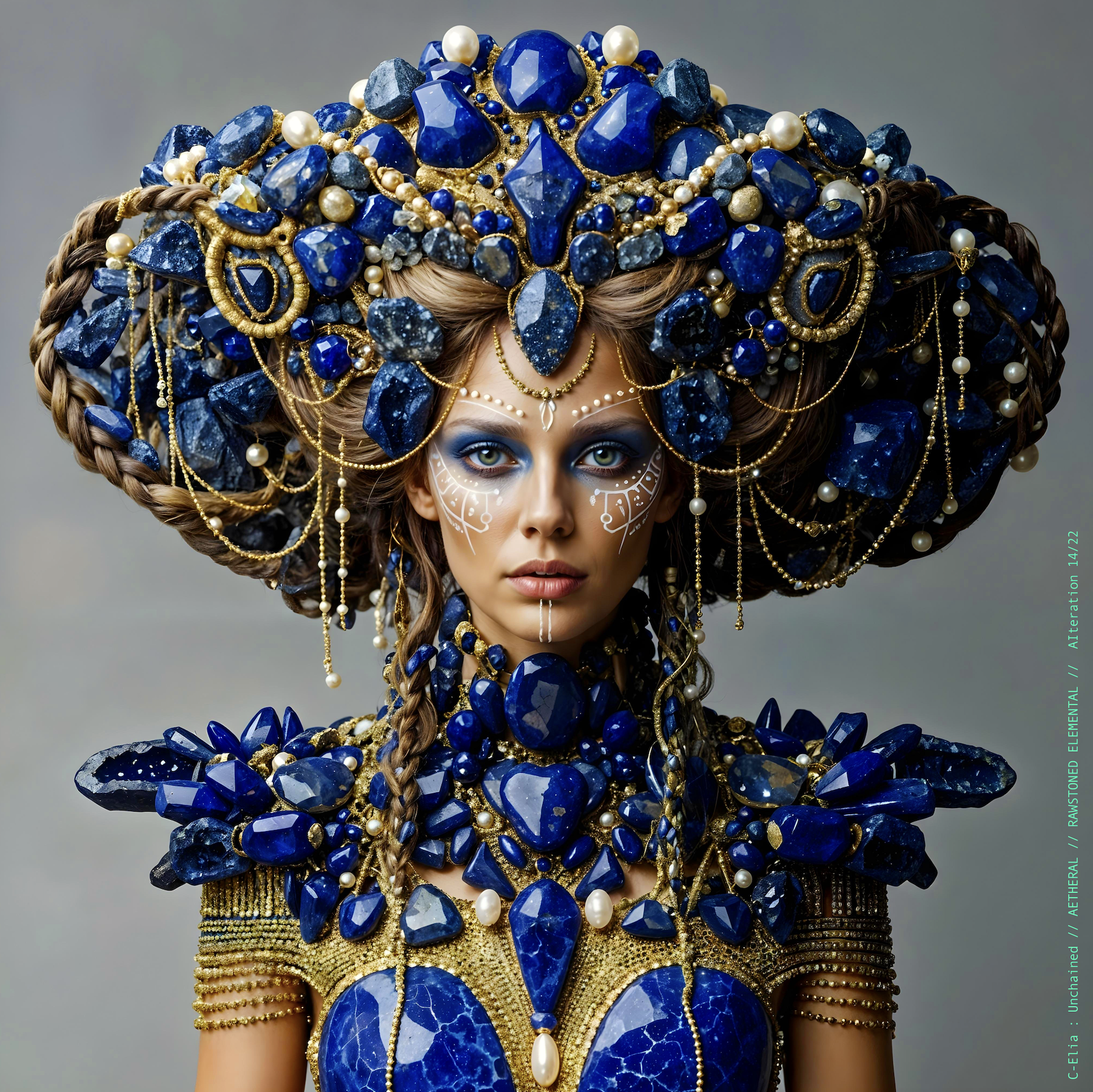 Surreal haute meta couture NFT silhouette from C Elia Unchained, Rawstoned Elemental collection, merging precious-stone hairstyles, raw mineral strata, lapis lazuli fractures and the tectonic elegance of avant garde couture.