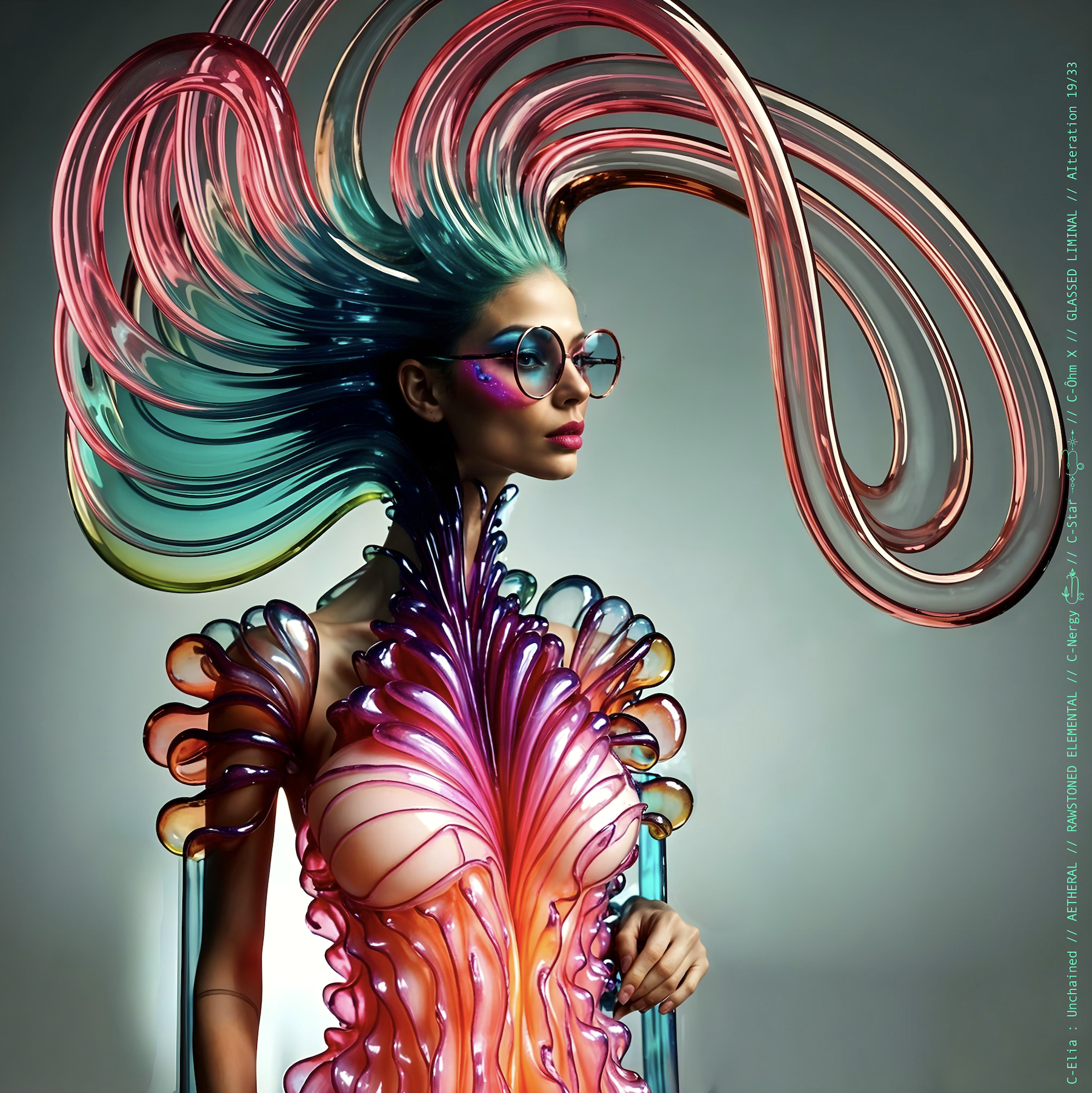 Surreal haute meta couture NFT silhouette from C-Elia: Unchained, Glassed Liminal collection, inspired by blown glass and molten light, merging fragility, transparency and grandeur into an avant garde architectural couture sculpture.