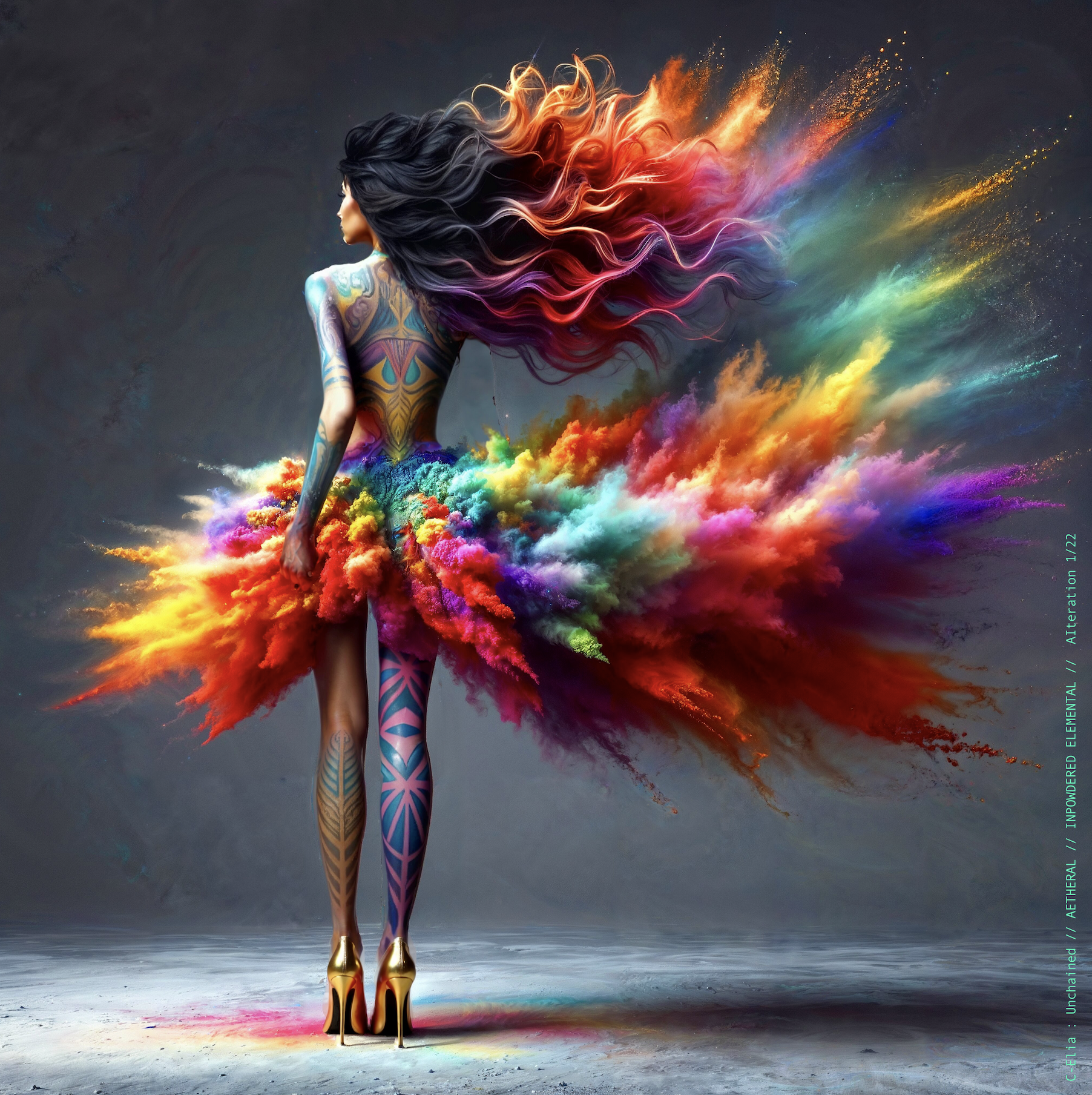 Surreal haute meta couture NFT silhouette from C Elia Unchained, Impowdered Elemental collection, formed from airborne rainbow powders, vaporous chromatic clouds and wind-sculpted avant garde couture.