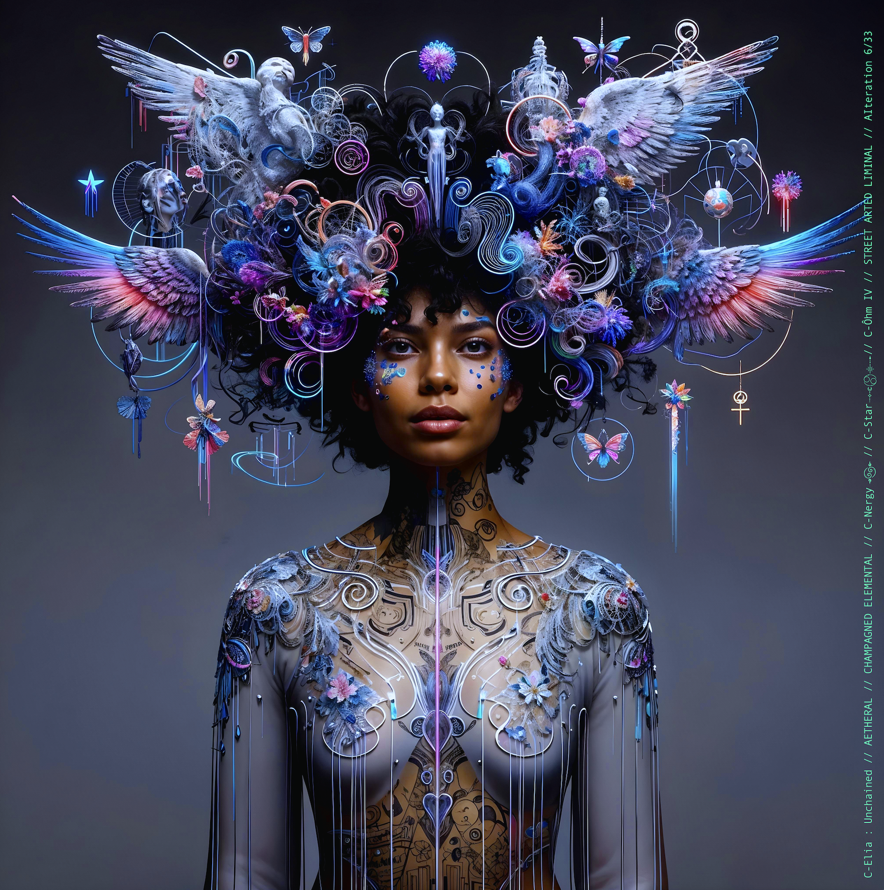 Surreal haute meta couture NFT silhouette from C Elia Unchained, Streetarted Liminal collection, merging liquid graffiti textures, neon mist, chromatic drips and atmospheric street-paint couture.