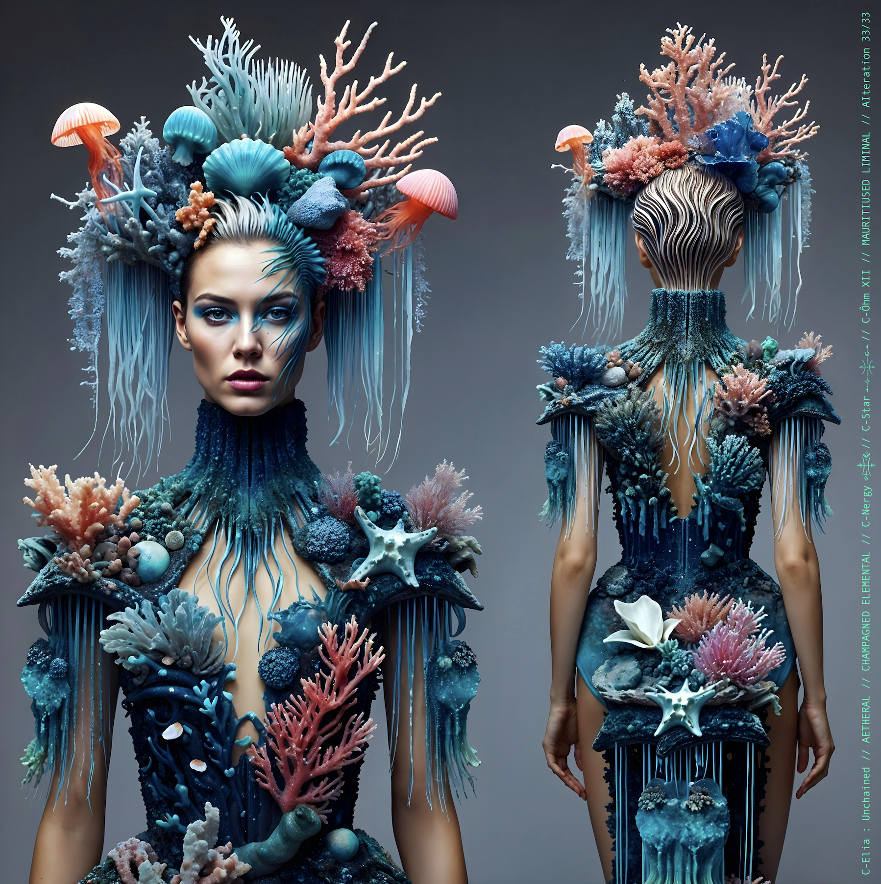 Surreal haute meta couture NFT silhouette from C-Elia: Unchained, Mauritiused Liminal collection, inspired by coral reefs and marine architecture, merging water, light and couture into a floating living sculpture