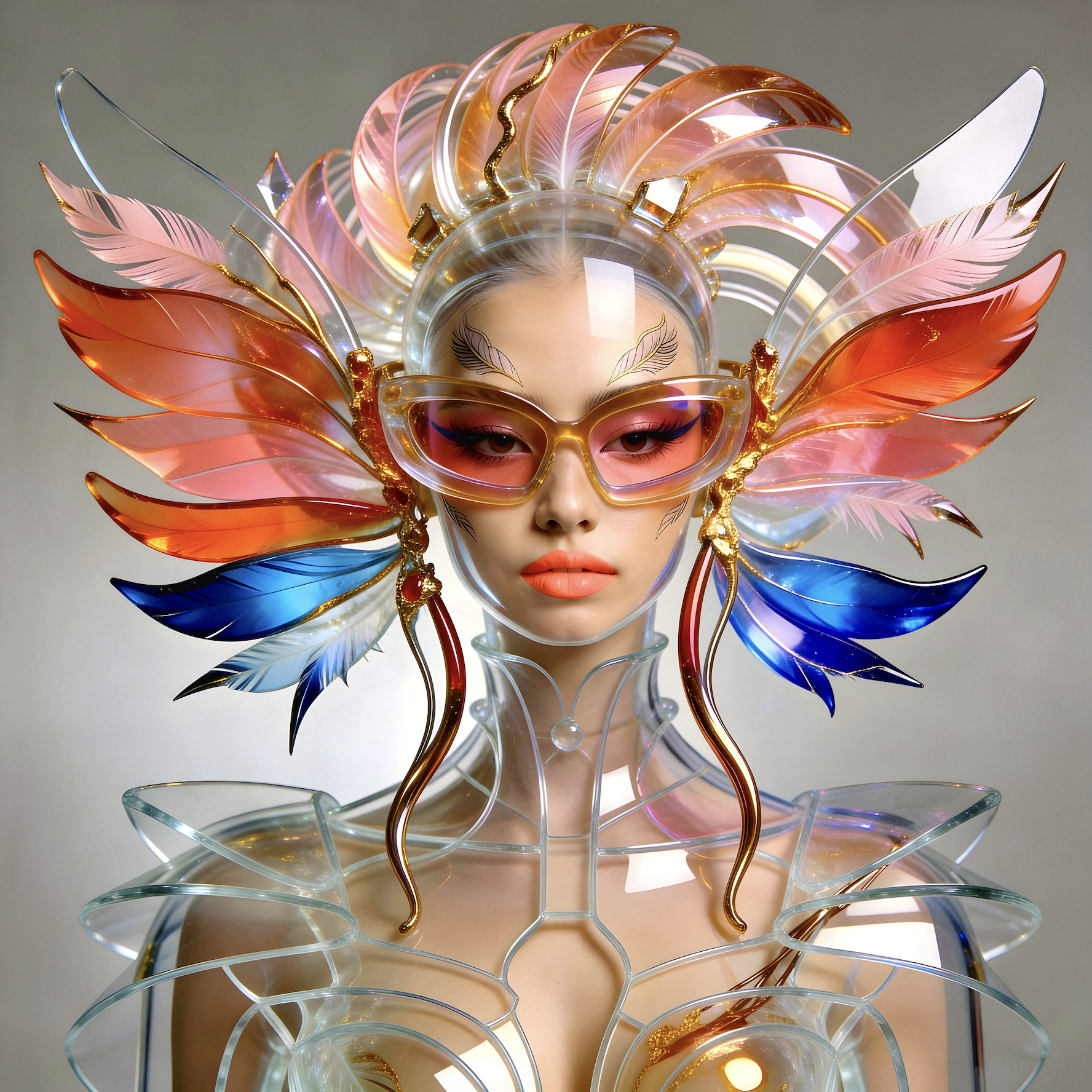 Surreal haute meta couture NFT silhouette from C-Elia: Unchained, Surreal female top model wearing an avant-garde haute couture glass sculpture with oversized colorful optical glasses, translucent white structure with gold veins, Iris Framed collection.