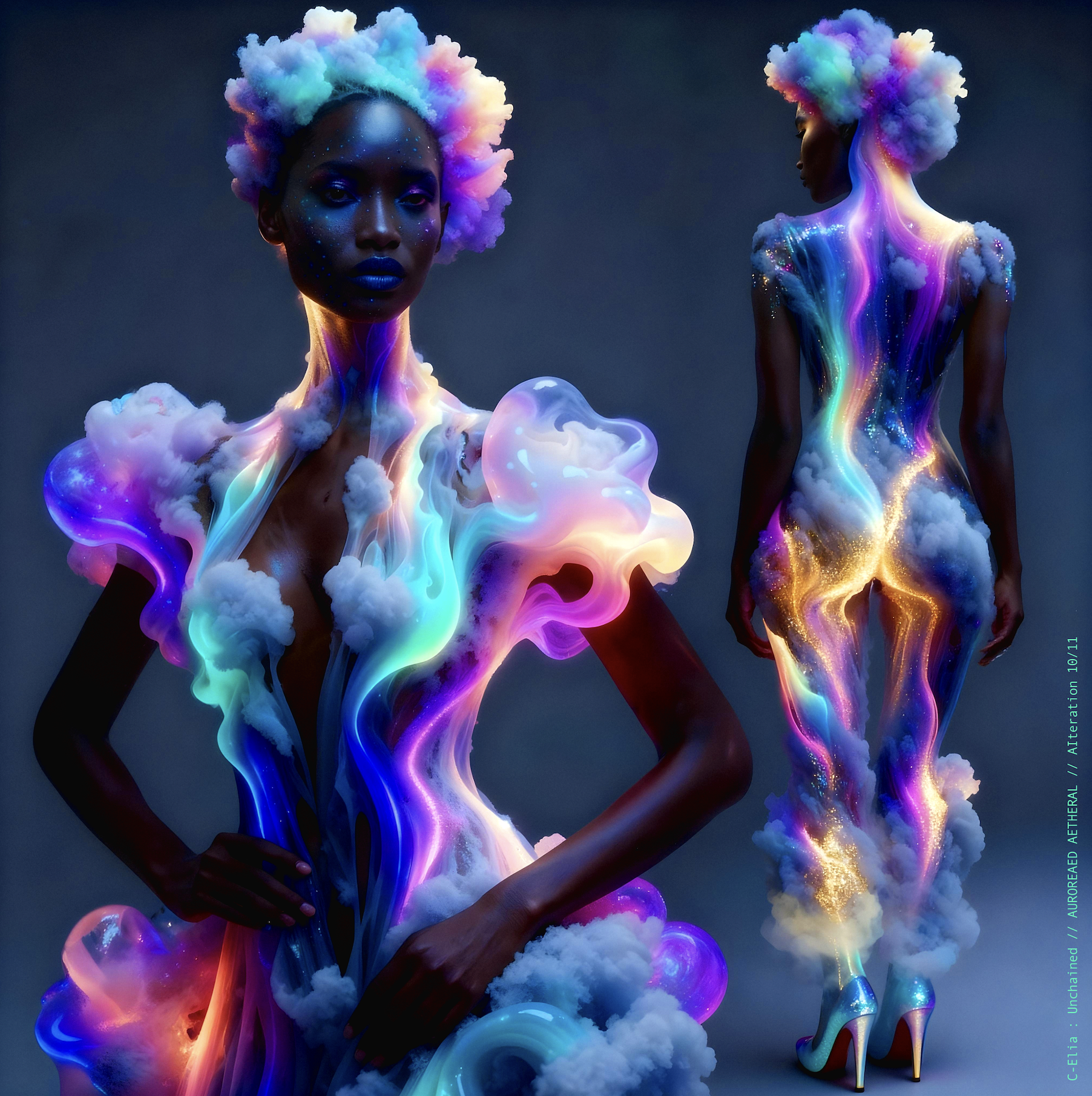 Surreal haute meta couture NFT silhouette from C Elia Unchained, Auroreaed Aetheral collection, formed from aurora borealis clouds, vaporous gradients, celestial mist and atmospheric couture inspired by M I A’s Matangi Mixtape by Kenzo.