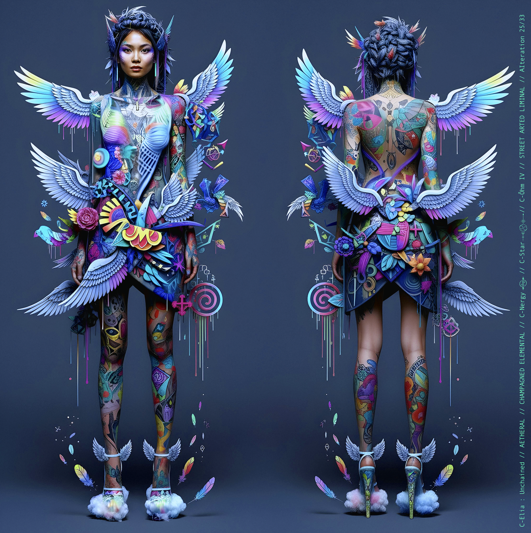 Surreal haute meta couture NFT silhouette from C Elia Unchained, Streetarted Liminal collection, merging liquid graffiti textures, neon mist, chromatic drips and atmospheric street-paint couture.