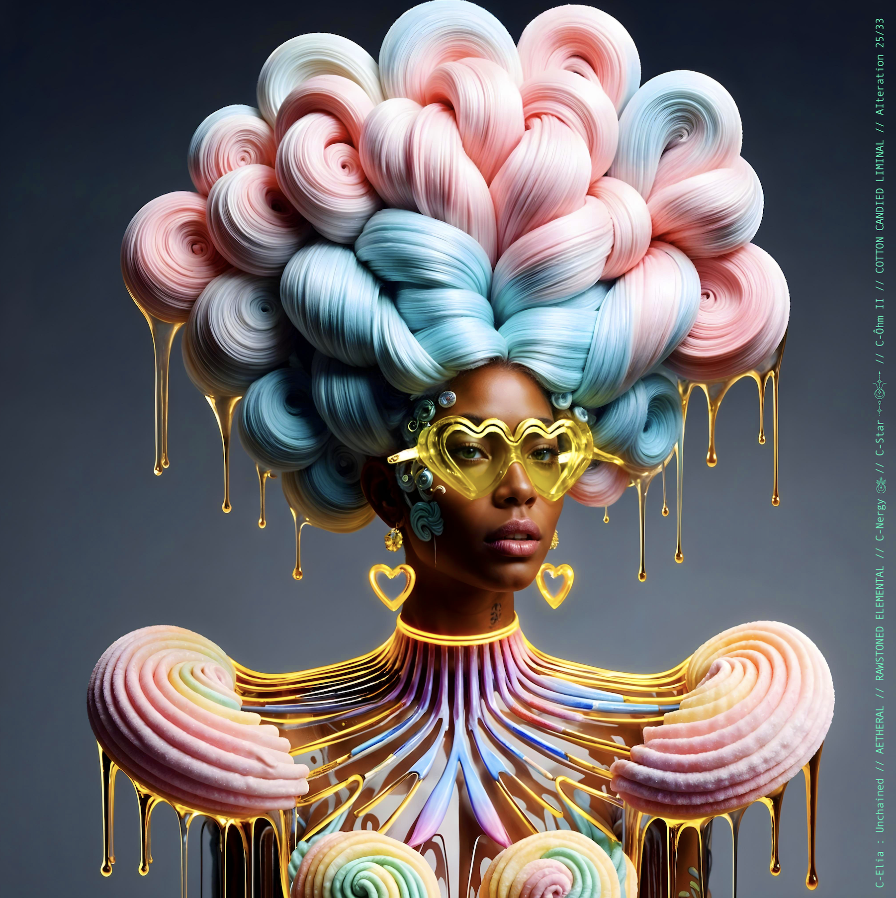 Surreal haute meta couture NFT silhouette from C Elia: Unchained, Cotton Candied Liminal collection, inspired by pastel cotton candy clouds and Khmer gold tattoos, merging sweetness, rebellion and couture into a living vaporous sculpture.