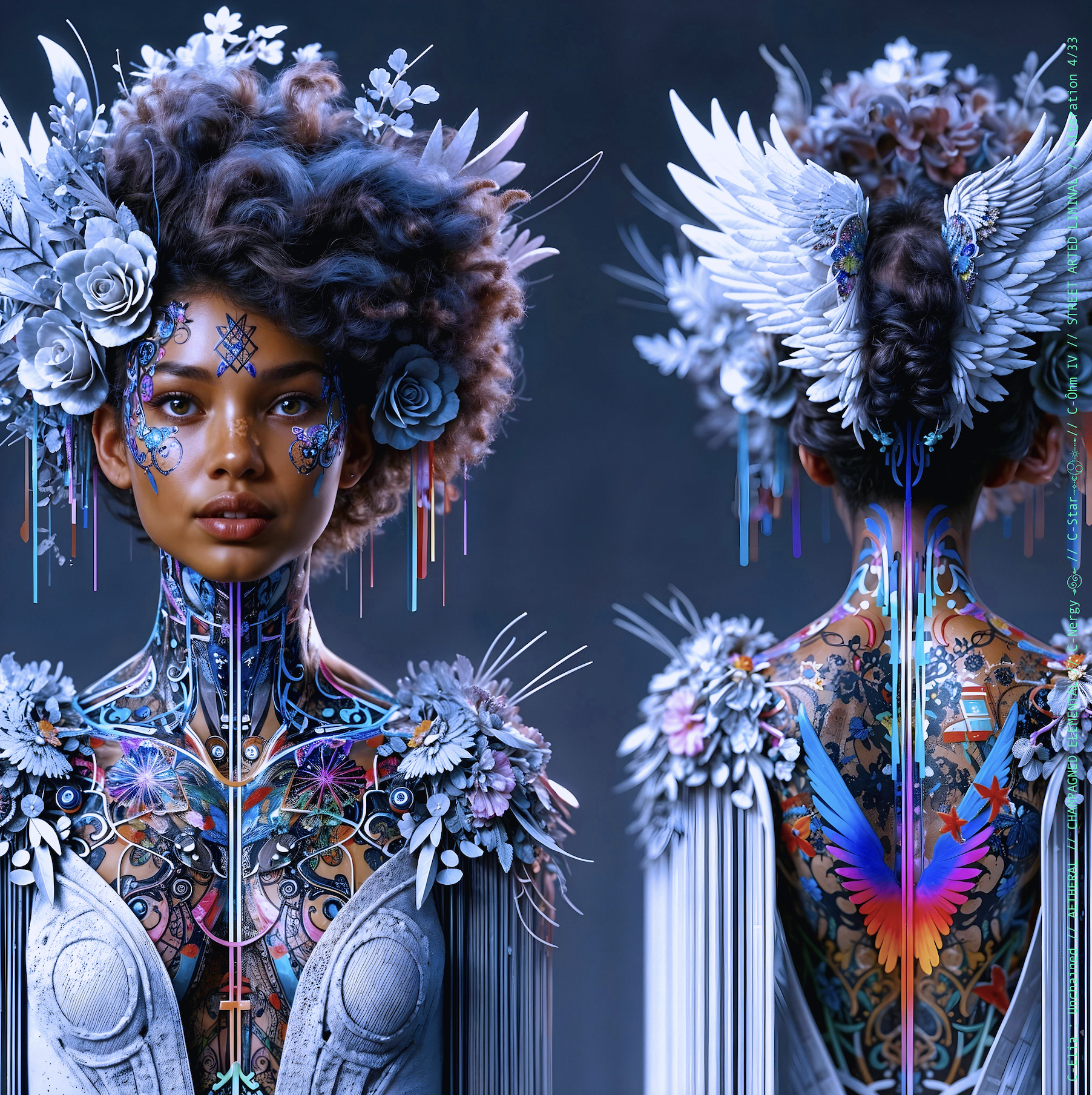 Surreal haute meta couture NFT silhouette from C Elia Unchained, Streetarted Liminal collection, merging liquid graffiti textures, neon mist, chromatic drips and atmospheric street-paint couture.