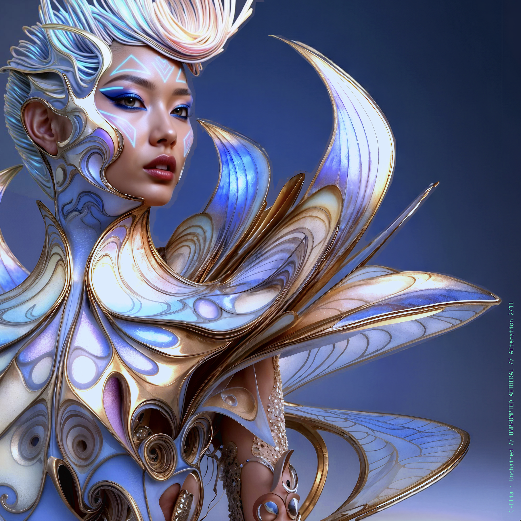 Surreal haute meta couture NFT silhouette from C Elia Unchained, Unprompted Aetheral collection, merging crystalline arcs, holographic ribbons, neon-lit futuristic structures and iridescent sacred geometry inspired by M I A’s Vicki Leekx mixtape.