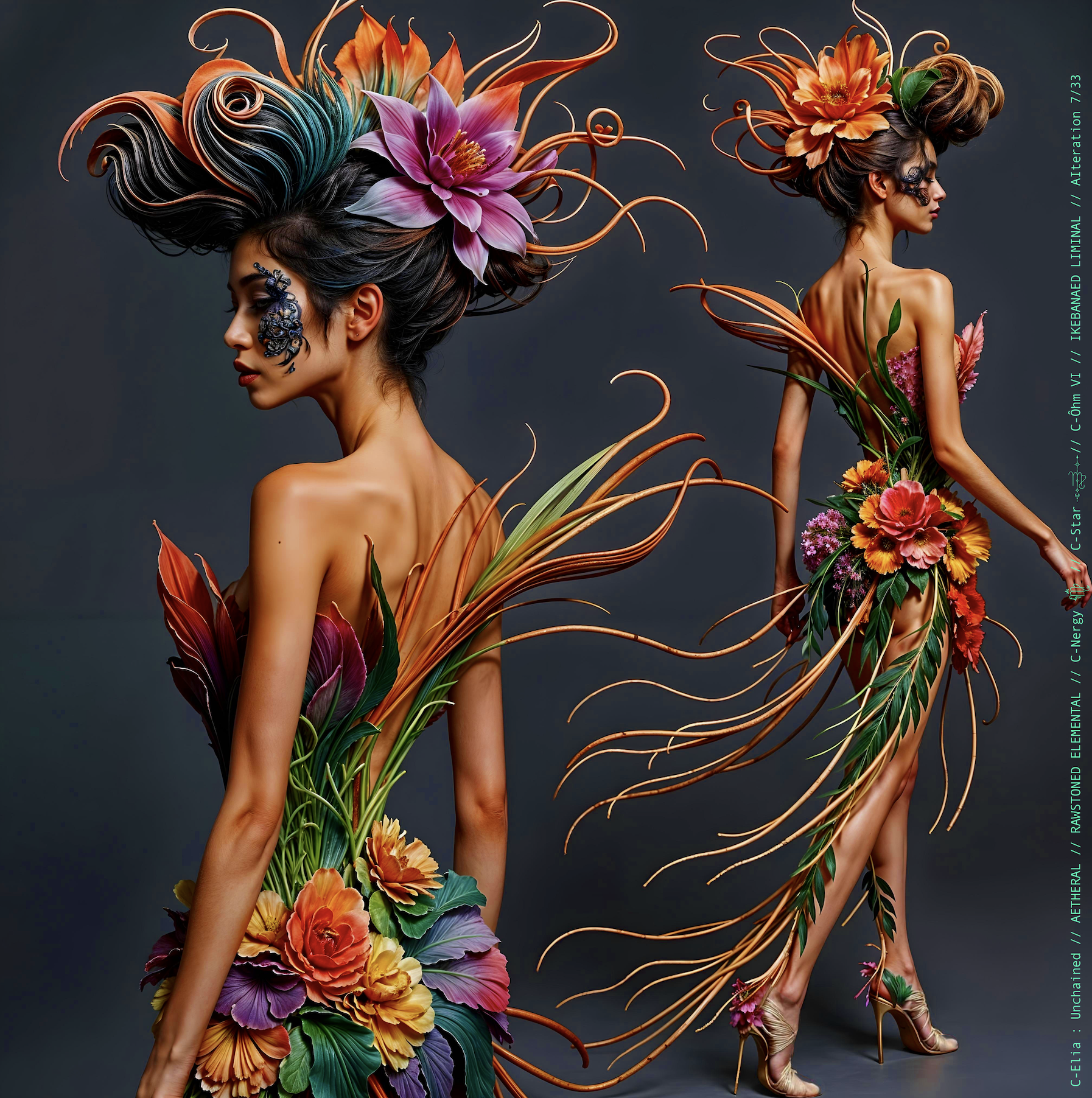 Surreal haute meta couture NFT silhouette from C-Elia: Unchained, Ikebanaed Liminal collection, inspired by floral architecture and Japanese composition, merging nature, geometry and serenity into a living couture sculpture.