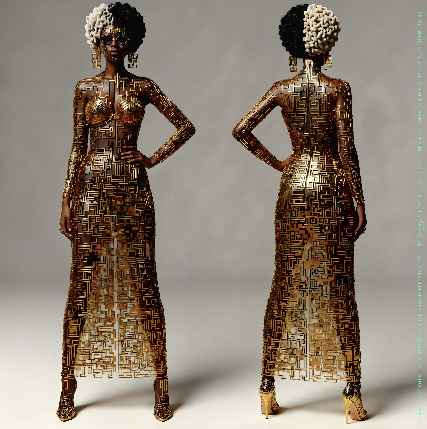 Surreal haute meta couture NFT silhouette from C Elia Unchained, Labyrinthed Liminal collection, inspired by mirrored labyrinth geometry and the chromatic echo of Blue Boy’s “Remember Me,” merging pixel tattoos, gold voxel structures and reflective couture architecture.