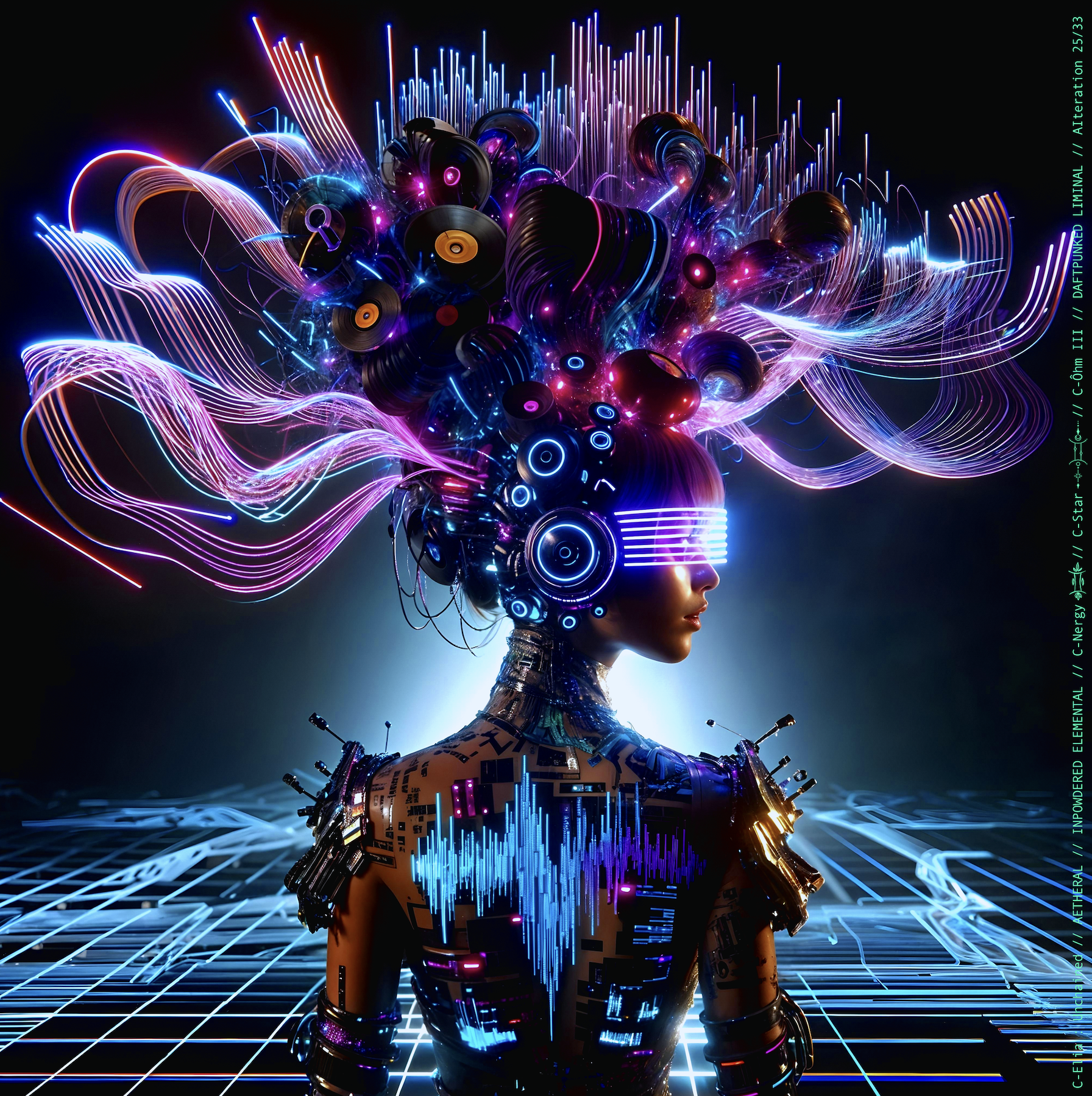 Surreal haute meta couture NFT silhouette from C Elia Unchained, Daftpunked Liminal collection, inspired by electronic neon aesthetics and the luminous frequencies of Daft Punk Alive 2008, merging holographic vinyl, glitch light and couture architecture.

