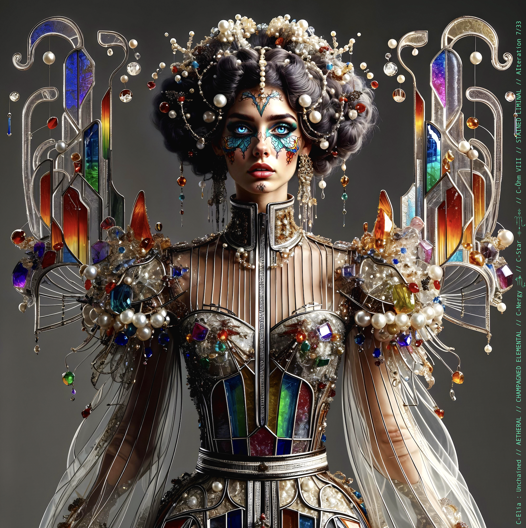Surreal haute meta couture NFT silhouette from C-Elia: Unchained, Stained Liminal collection, inspired by cathedral stained glass and Mondrian geometry, merging sacred light, metallic reflections, and futuristic architecture into a living holographic couture sculpture.