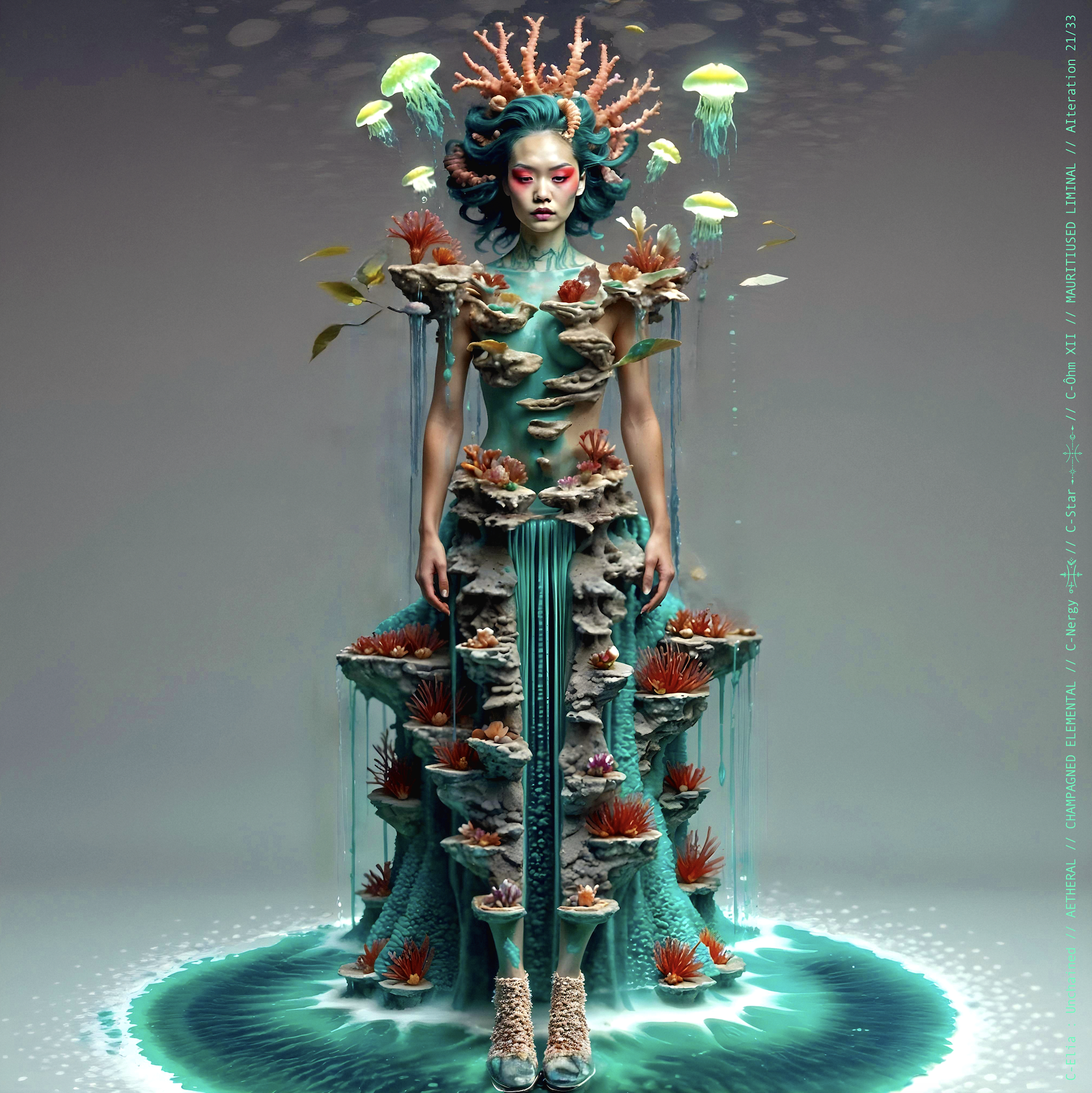 Surreal haute meta couture NFT silhouette from C-Elia: Unchained, Mauritiused Liminal collection, inspired by coral reefs and marine architecture, merging water, light and couture into a floating living sculpture