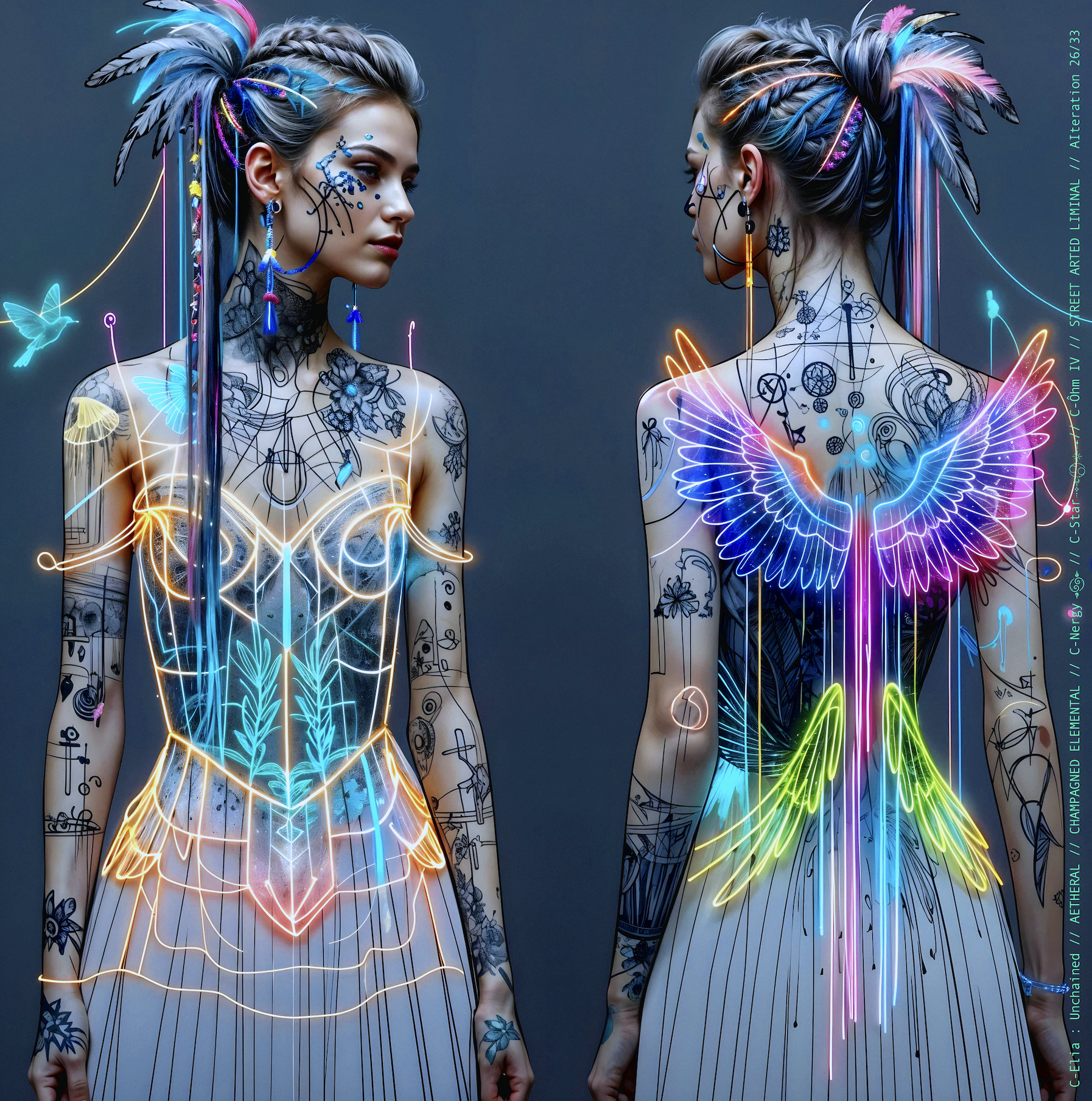 Surreal haute meta couture NFT silhouette from C Elia Unchained, Streetarted Liminal collection, merging liquid graffiti textures, neon mist, chromatic drips and atmospheric street-paint couture.
