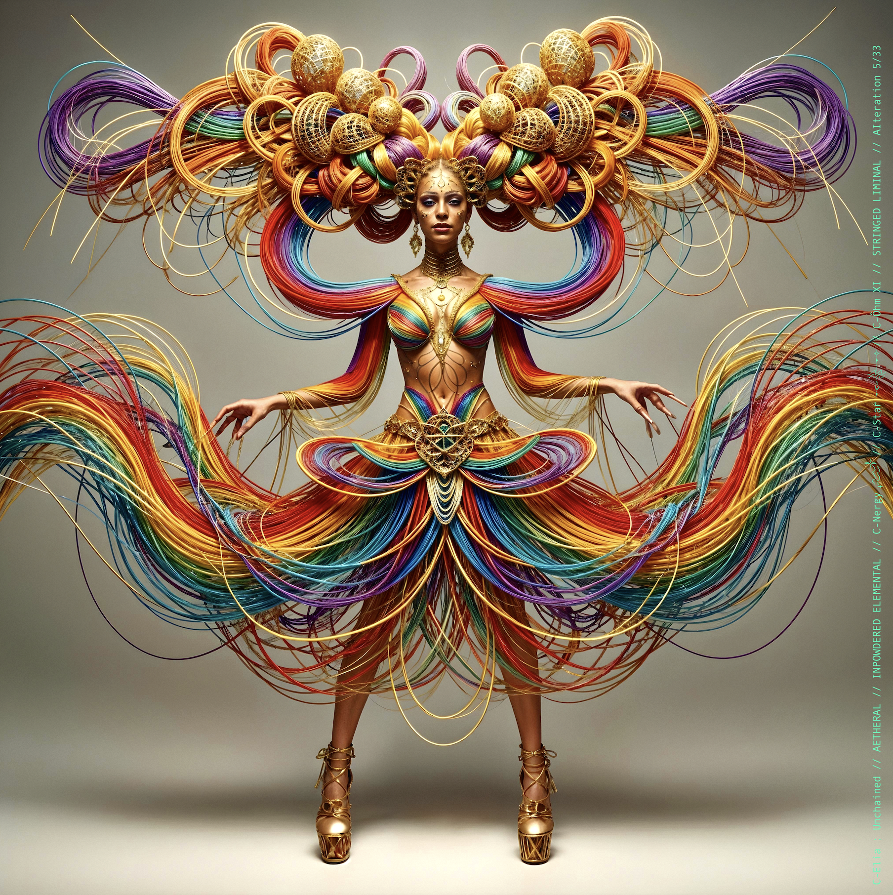 Surreal haute meta  couture NFT silhouette from C-Elia: Unchained, Stringed Liminal collection. A living sculpture made entirely of golden and colored strings, merging art, vibration and geometry into a resonant couture form.