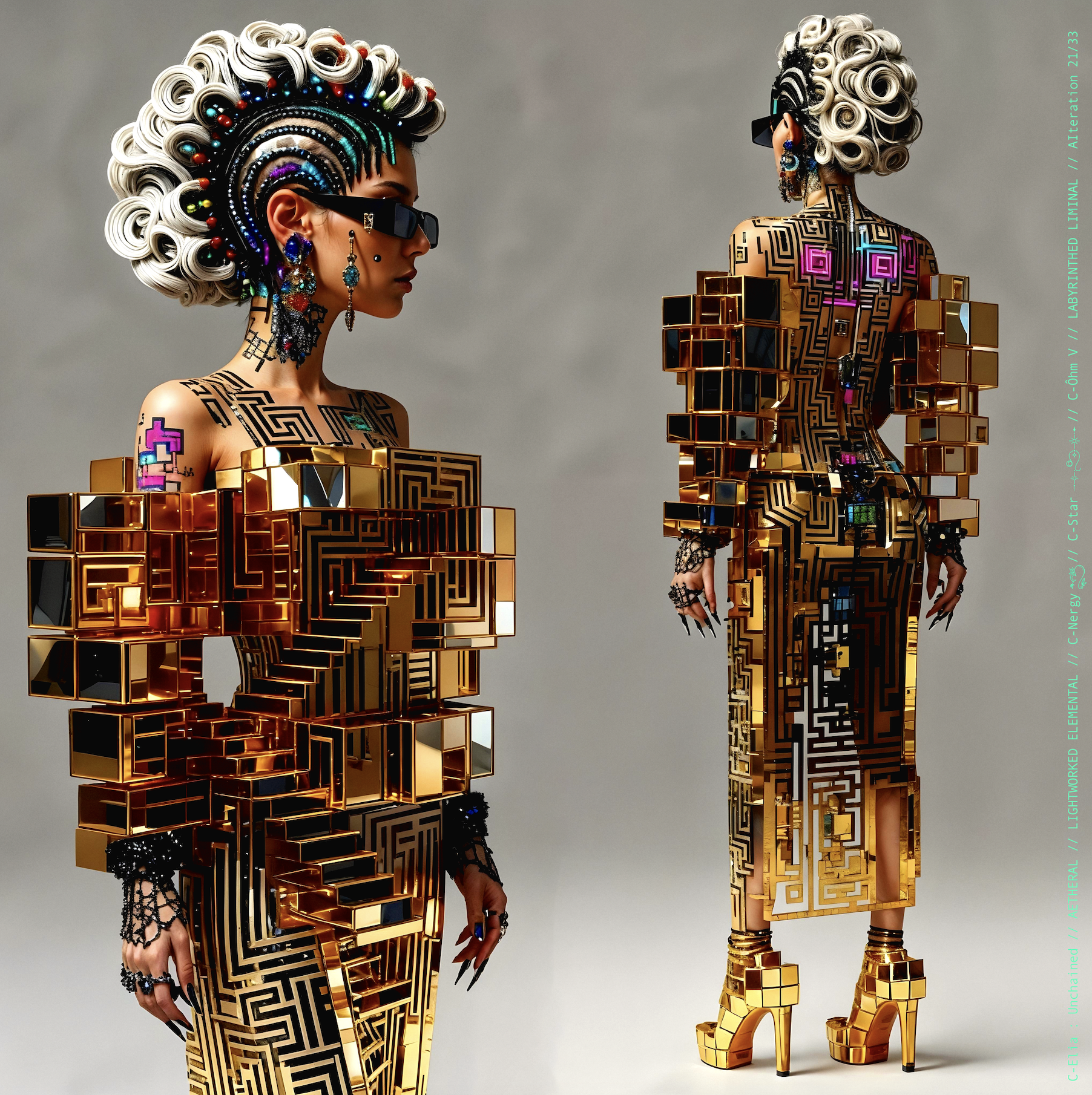 Surreal haute meta couture NFT silhouette from C Elia Unchained, Labyrinthed Liminal collection, inspired by mirrored labyrinth geometry and the chromatic echo of Blue Boy’s “Remember Me,” merging pixel tattoos, gold voxel structures and reflective couture architecture.