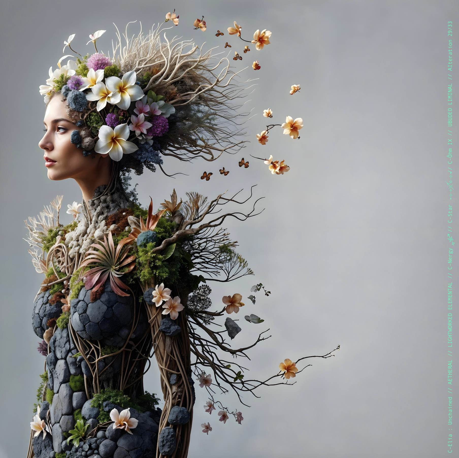 Surreal haute meta couture NFT silhouette from C Elia Unchained, Ubuded Liminal collection, merging tropical Balinese garden architecture, volcanic stone, drifting petals, incense smoke and sacred botanical couture inspired by Asian Dub Foundation’s “Witness.”