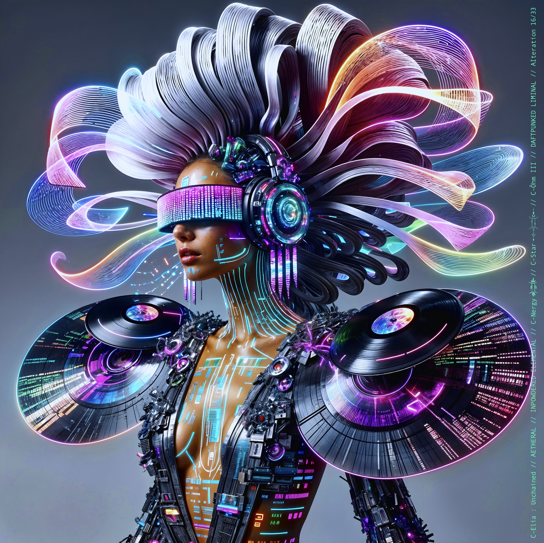 Surreal haute meta couture NFT silhouette from C Elia Unchained, Daftpunked Liminal collection, inspired by electronic neon aesthetics and the luminous frequencies of Daft Punk Alive 2008, merging holographic vinyl, glitch light and couture architecture.

