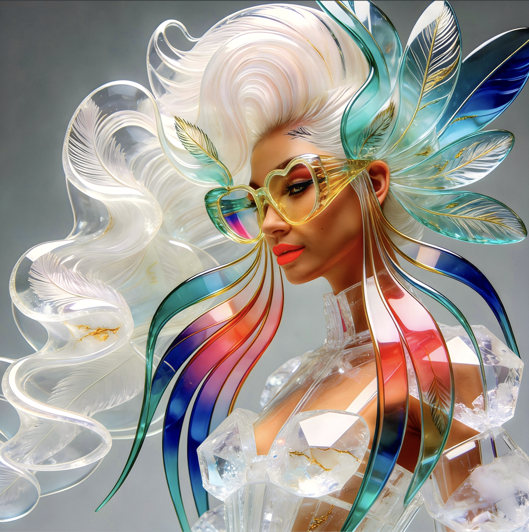 Surreal haute meta couture NFT silhouette from C-Elia: Unchained, Surreal female top model wearing an avant-garde haute couture glass sculpture with oversized colorful optical glasses, translucent white structure with gold veins, Iris Framed collection.