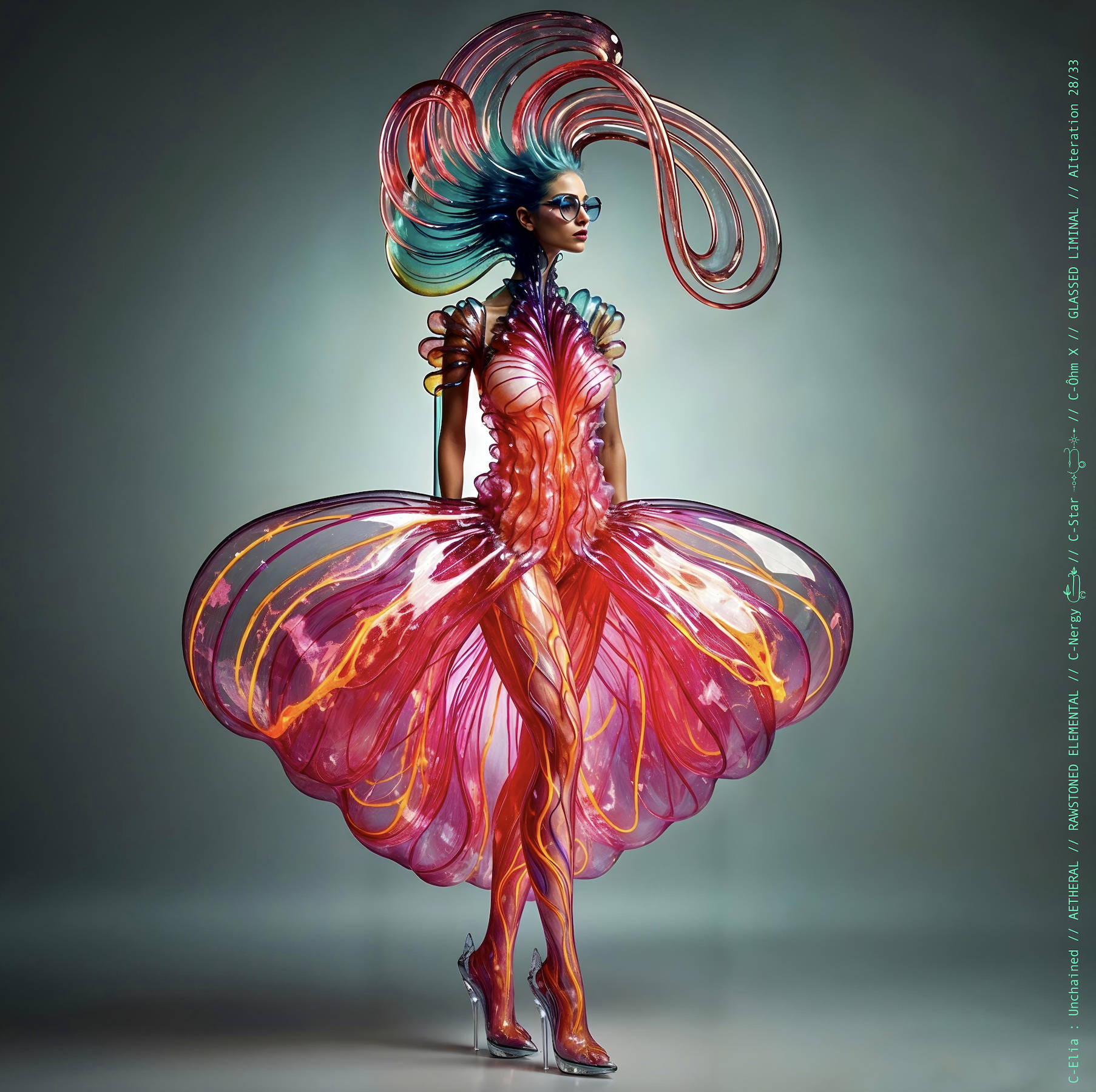Surreal haute meta couture NFT silhouette from C-Elia: Unchained, Glassed Liminal collection, inspired by blown glass and molten light, merging fragility, transparency and grandeur into an avant garde architectural couture sculpture.