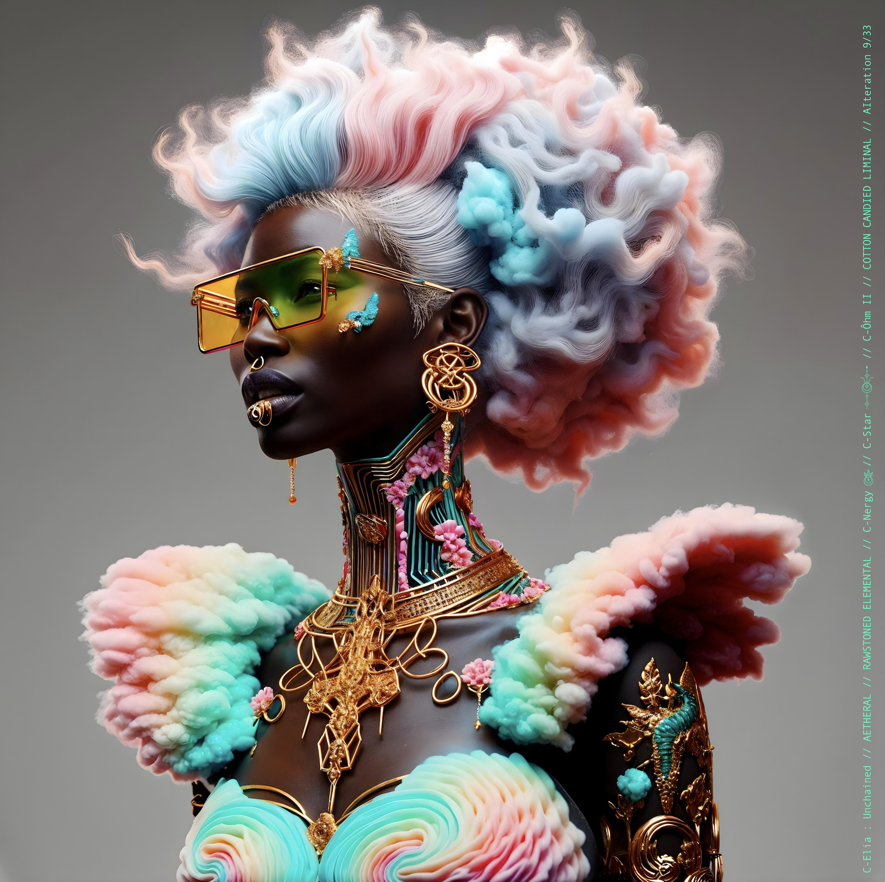 Surreal haute meta couture NFT silhouette from C Elia: Unchained, Cotton Candied Liminal collection, inspired by pastel cotton candy clouds and Khmer gold tattoos, merging sweetness, rebellion and couture into a living vaporous sculpture.