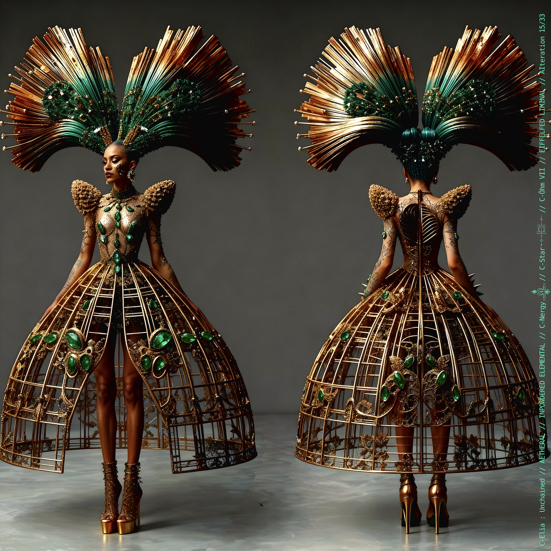 Surreal haute meta couture NFT silhouette from C Elia Unchained, Eiffelfed Liminal collection, merging openwork copper metal, emerald braids, metallic glyph makeup and Parisian architectural couture infused with the atmospheric pulse of Massive Attack and Mad Professor’s “Three.”