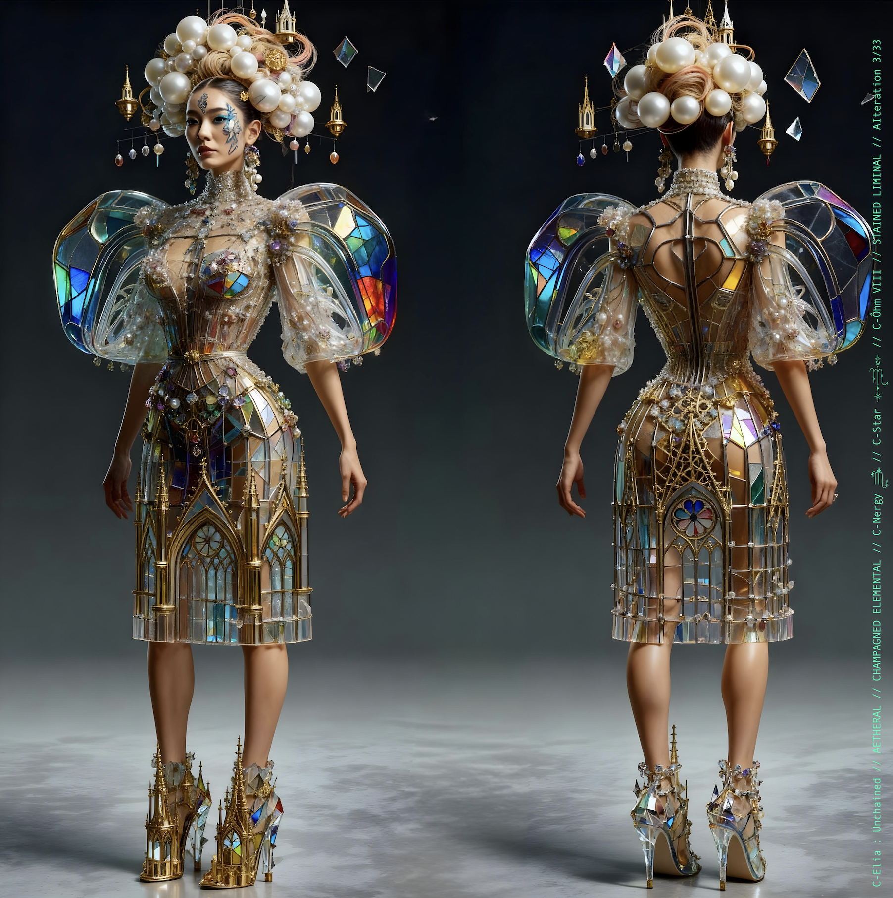 Surreal haute meta couture NFT silhouette from C-Elia: Unchained, Stained Liminal collection, inspired by cathedral stained glass and Mondrian geometry, merging sacred light, metallic reflections, and futuristic architecture into a living holographic couture sculpture.