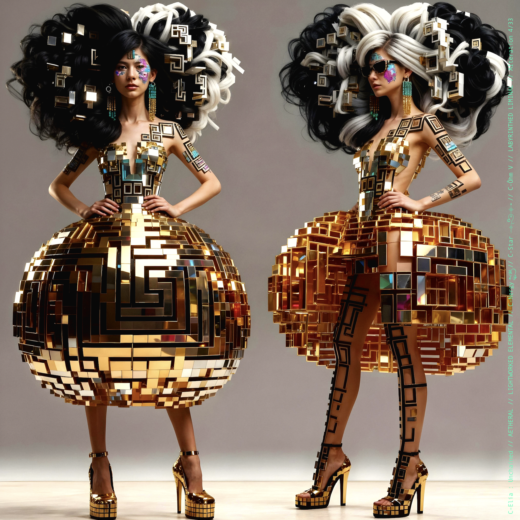 Surreal haute meta couture NFT silhouette from C Elia Unchained, Labyrinthed Liminal collection, inspired by mirrored labyrinth geometry and the chromatic echo of Blue Boy’s “Remember Me,” merging pixel tattoos, gold voxel structures and reflective couture architecture.