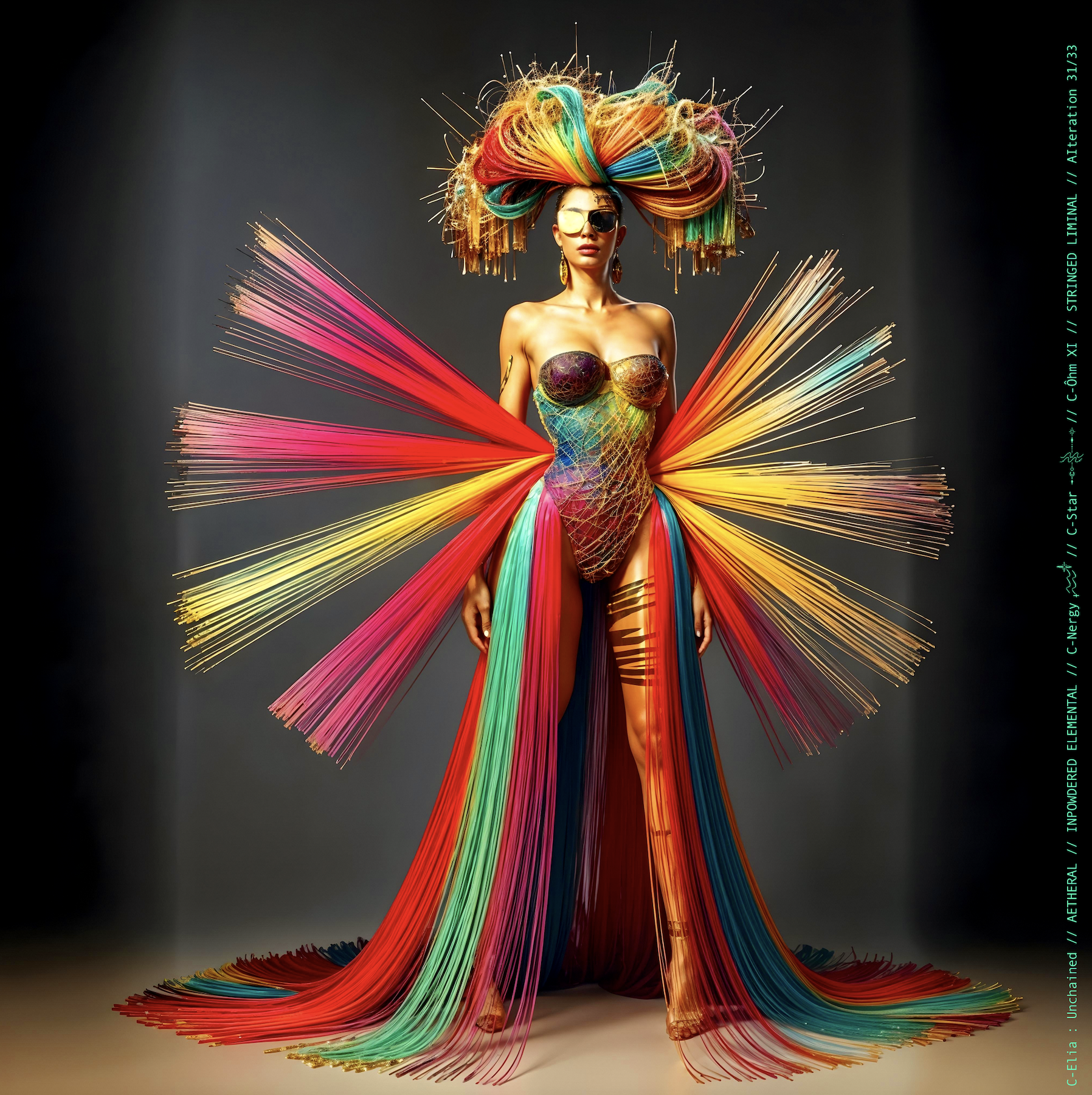 Surreal haute meta  couture NFT silhouette from C-Elia: Unchained, Stringed Liminal collection. A living sculpture made entirely of golden and colored strings, merging art, vibration and geometry into a resonant couture form.