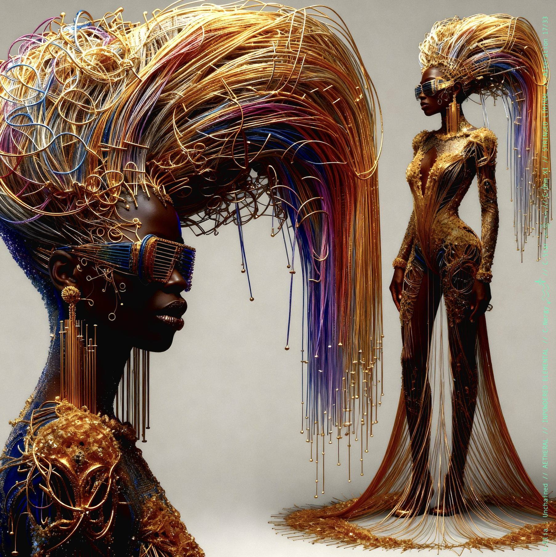 Surreal haute meta  couture NFT silhouette from C-Elia: Unchained, Stringed Liminal collection. A living sculpture made entirely of golden and colored strings, merging art, vibration and geometry into a resonant couture form.