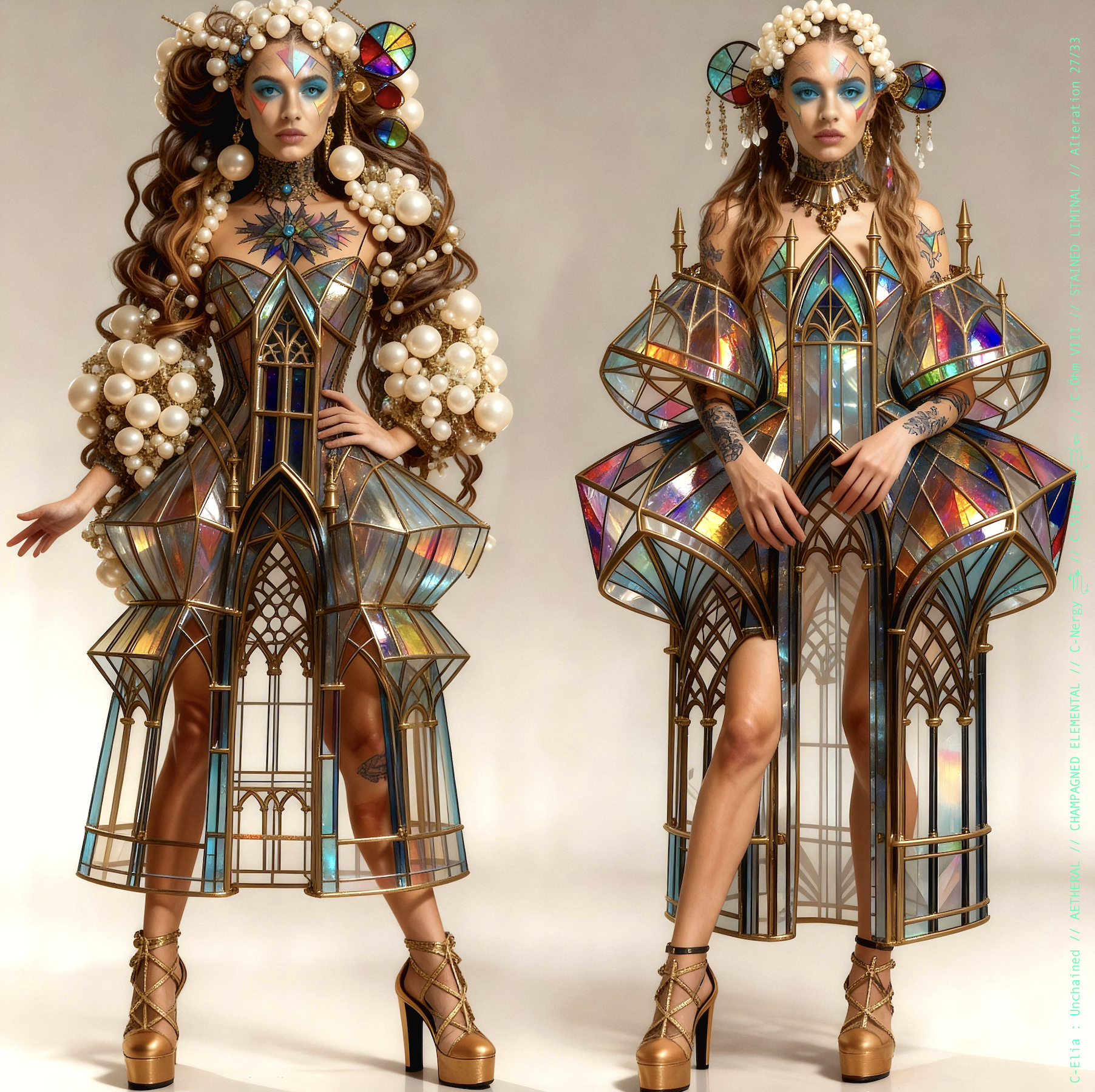 Surreal haute meta couture NFT silhouette from C-Elia: Unchained, Stained Liminal collection, inspired by cathedral stained glass and Mondrian geometry, merging sacred light, metallic reflections, and futuristic architecture into a living holographic couture sculpture.