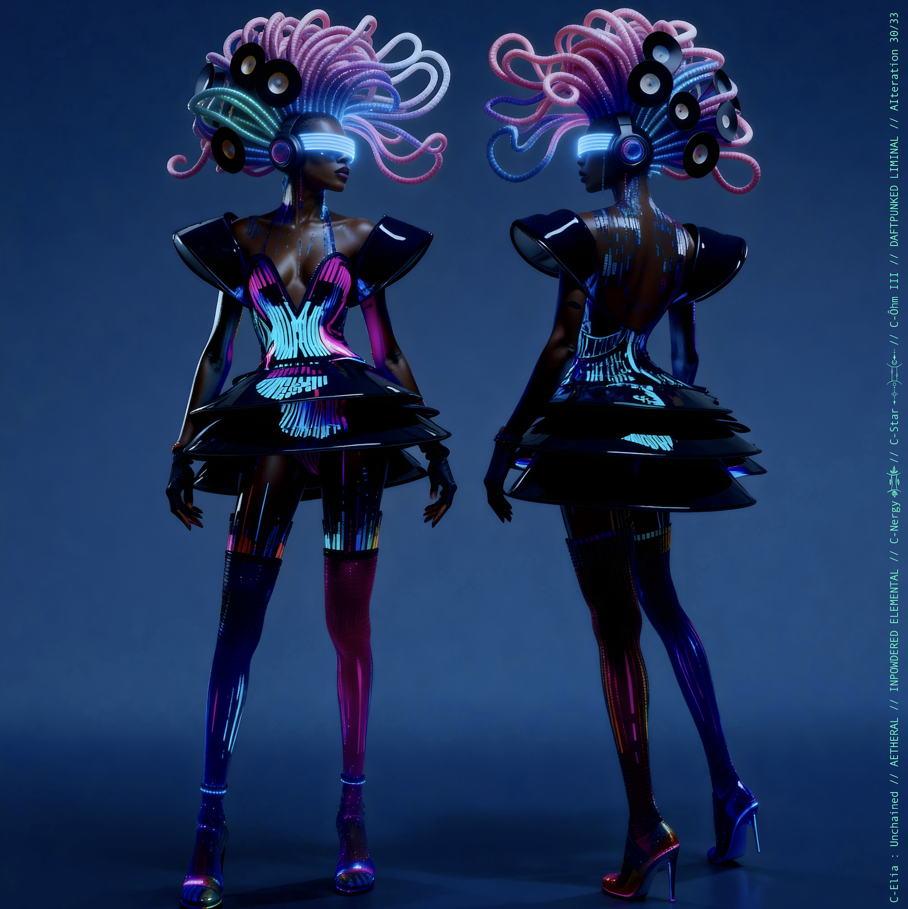 Surreal haute meta couture NFT silhouette from C Elia Unchained, Daftpunked Liminal collection, inspired by electronic neon aesthetics and the luminous frequencies of Daft Punk Alive 2008, merging holographic vinyl, glitch light and couture architecture.

