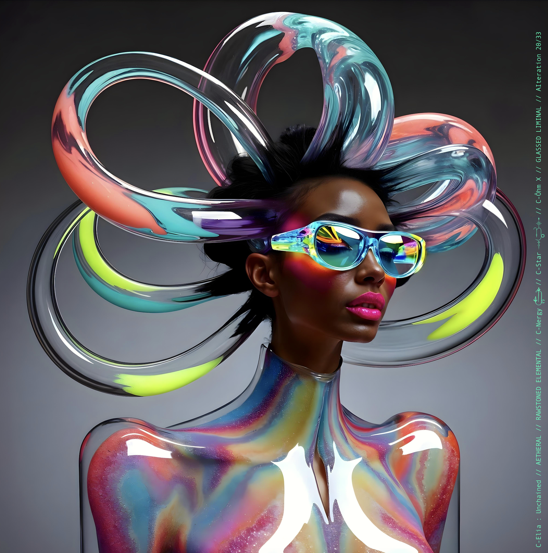 Surreal haute meta couture NFT silhouette from C-Elia: Unchained, Glassed Liminal collection, inspired by blown glass and molten light, merging fragility, transparency and grandeur into an avant garde architectural couture sculpture.